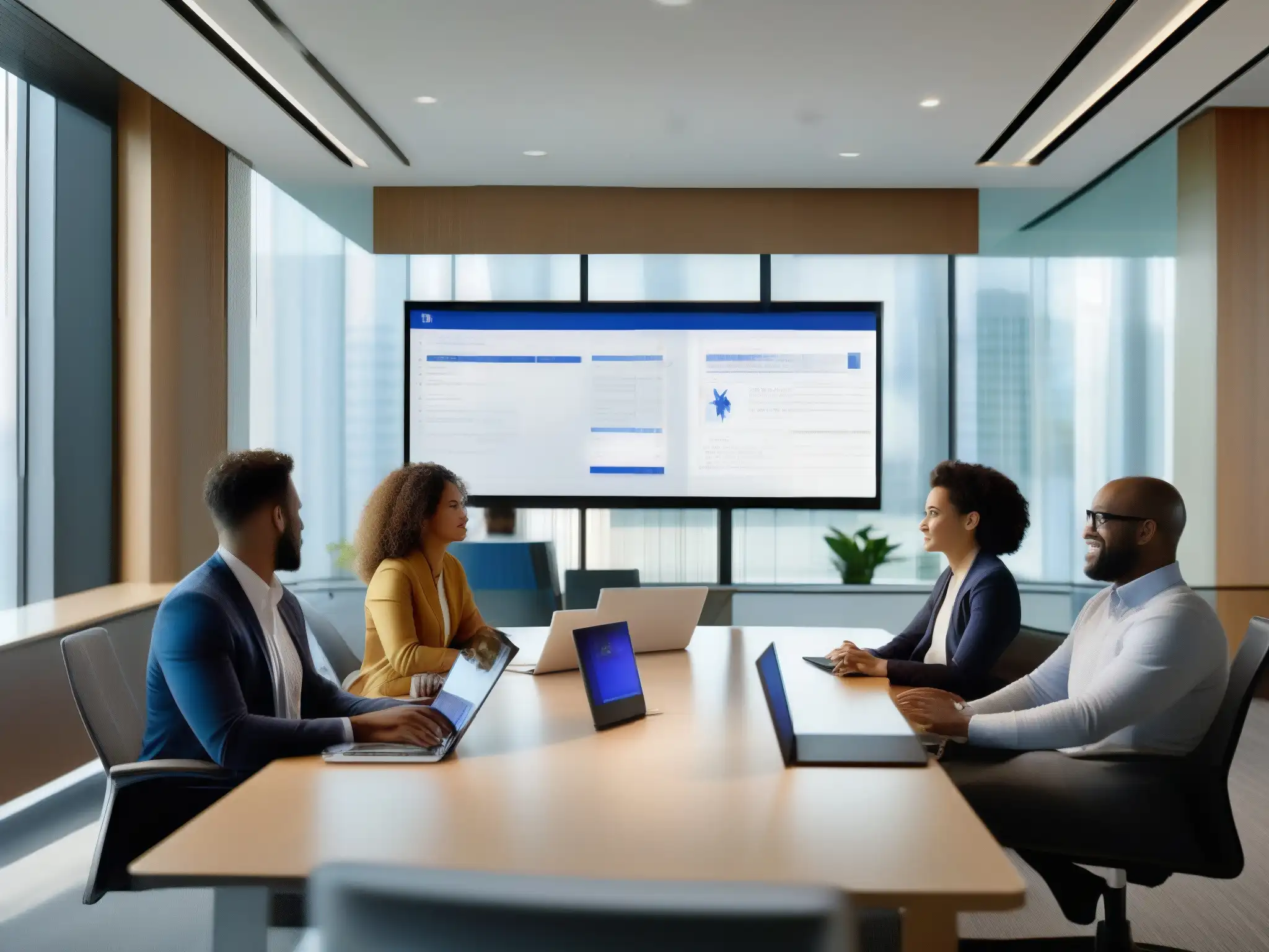 Sesión de Microsoft Teams en sala de conferencias moderna y luminosa Equipo colaborando en una moderna sala de reuniones con luz natural, usando Microsoft Teams para reuniones virtuales, mejorando la productividad