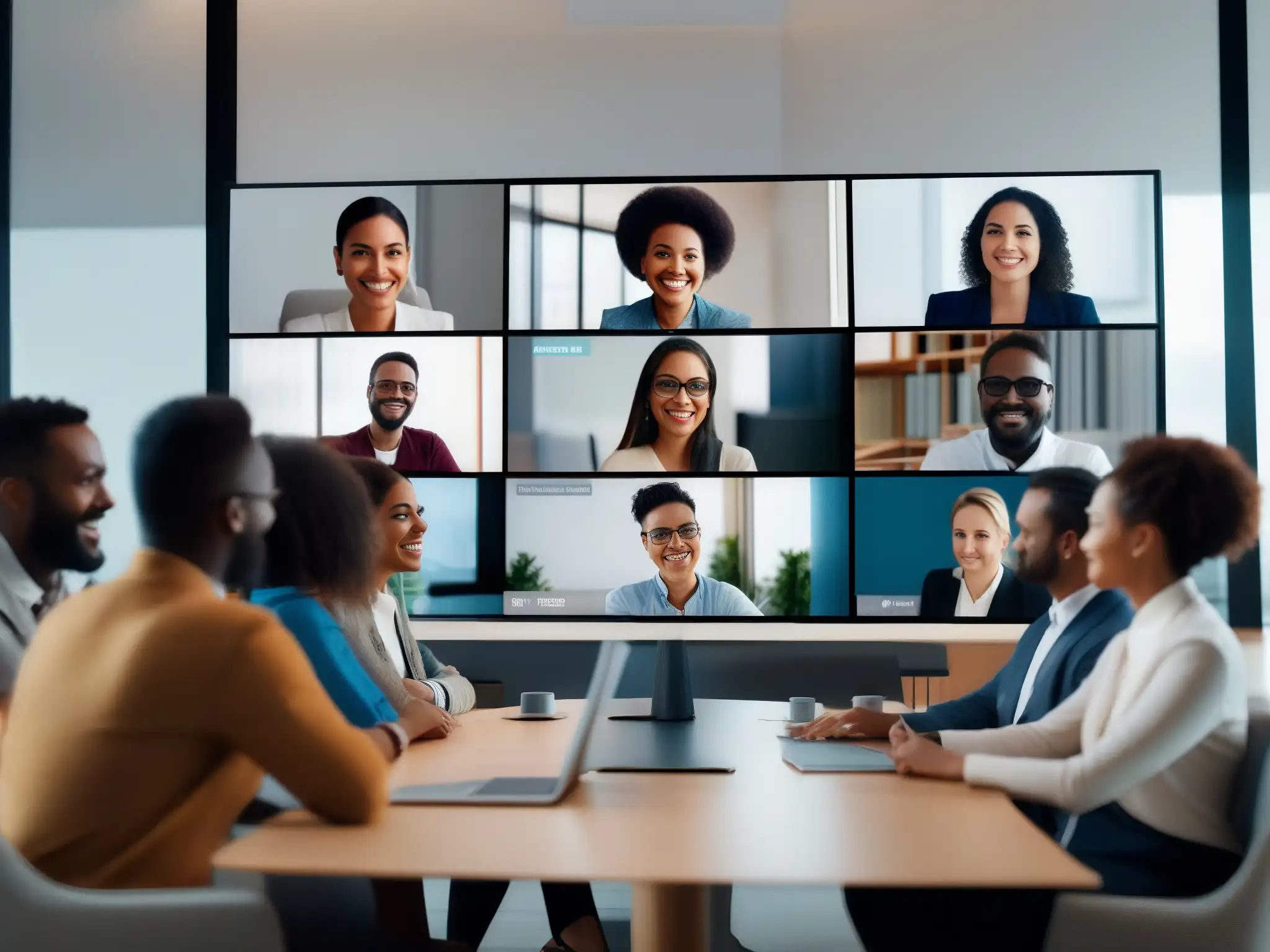 Videoconferencia multicultural: unidad y productividad Un equipo multicultural demuestra unidad y productividad en una videoconferencia