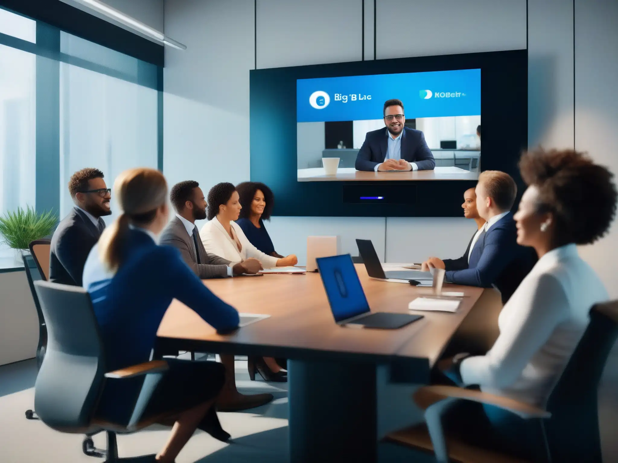 Equipo de trabajo en videoconferencia con BigBlueButton Equipo de negocio en videoconferencia con BigBlueButton, demostrando colaboración y productividad en un entorno profesional moderno