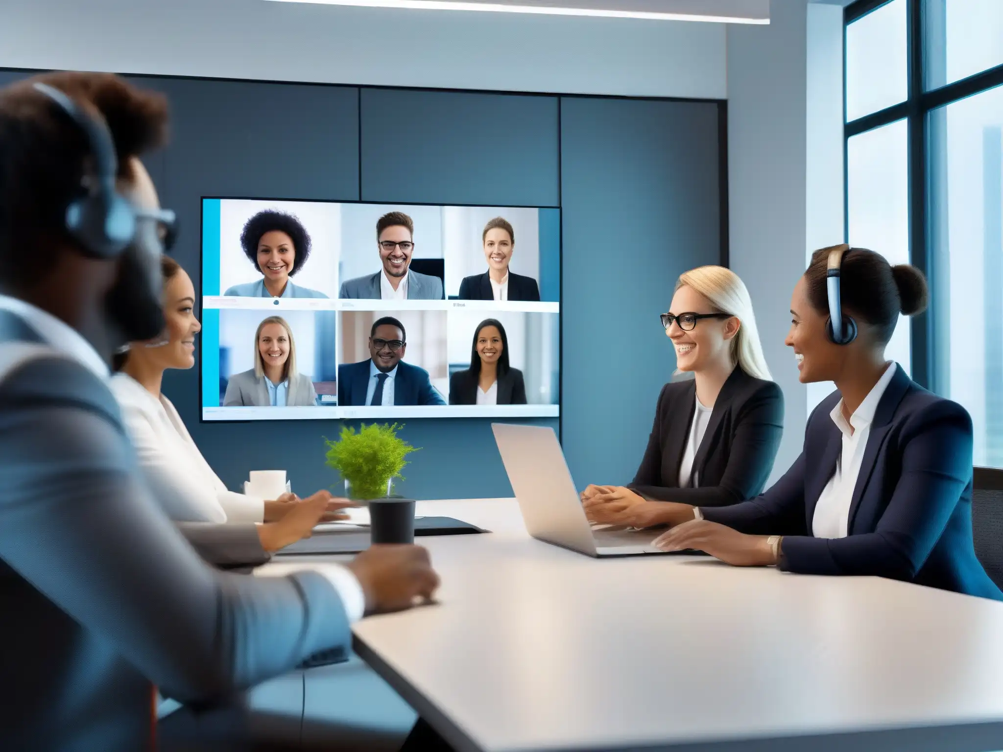 Reunión virtual de equipo en una oficina moderna Equipo de negocios en videoconferencia, demostrando el rendimiento de Skype para Negocios en PyMEs en una oficina moderna y colaborativa