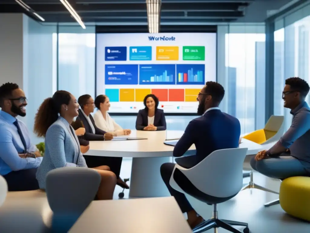 Colaboración efectiva en la oficina con Facebook Workplace Equipo de oficina colaborativo discutiendo sobre el impacto de Facebook Workplace en comunicación interna en una oficina moderna y luminosa