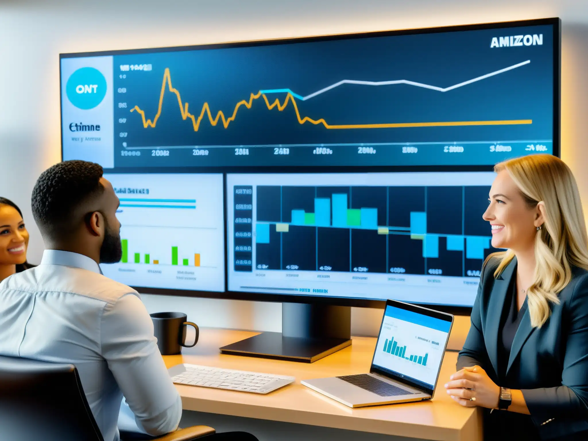 Reunión virtual profesional con Amazon Chime Un equipo profesional realiza un análisis detallado de Amazon Chime en una reunión virtual, con tecnología y decoración moderna de oficina de fondo