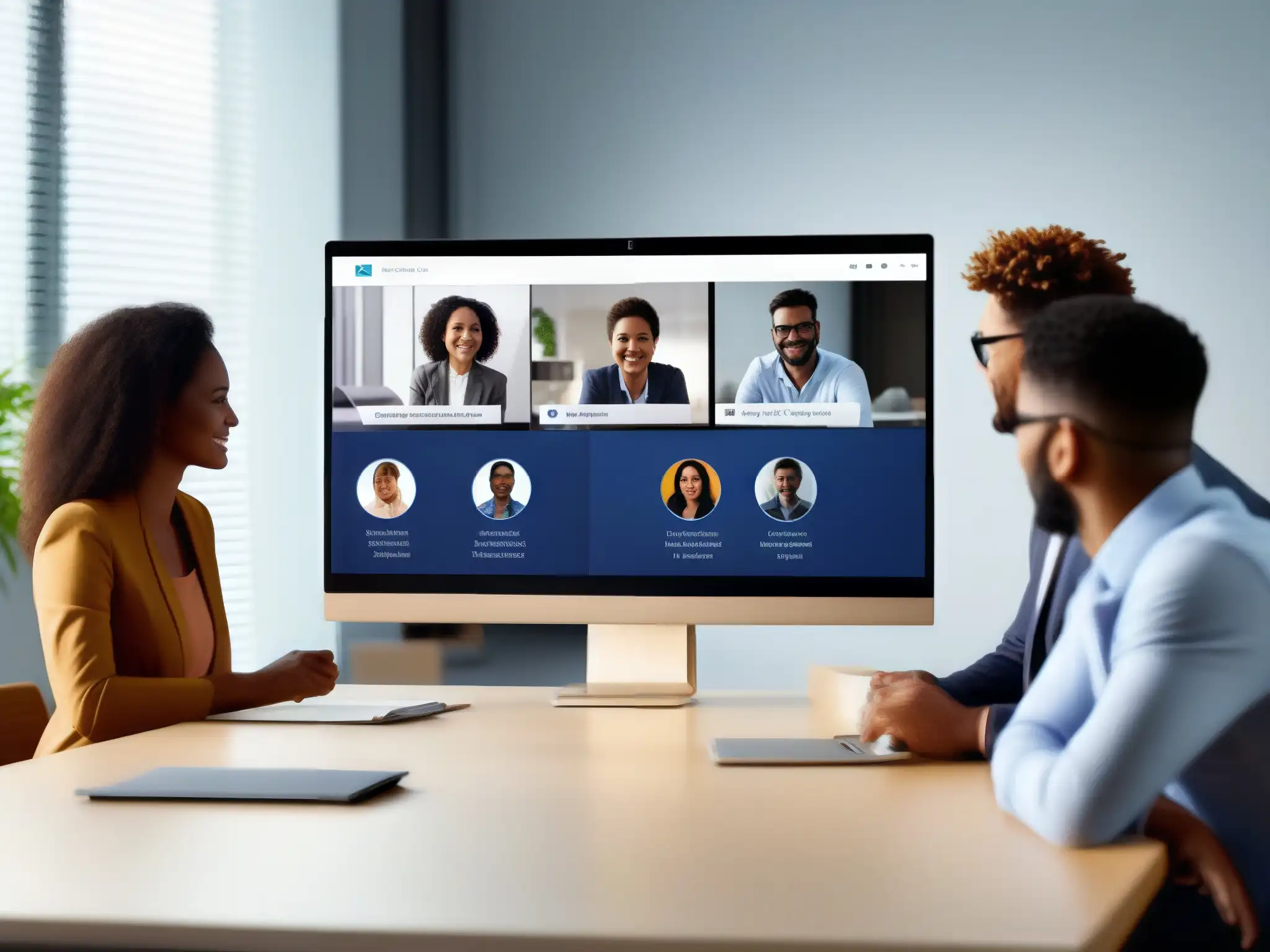 Profesionales de Microsoft Teams colaborando en videoconferencia Un equipo profesional diverso se reúne en una videoconferencia, destacando la usabilidad de Microsoft Teams en un entorno corporativo