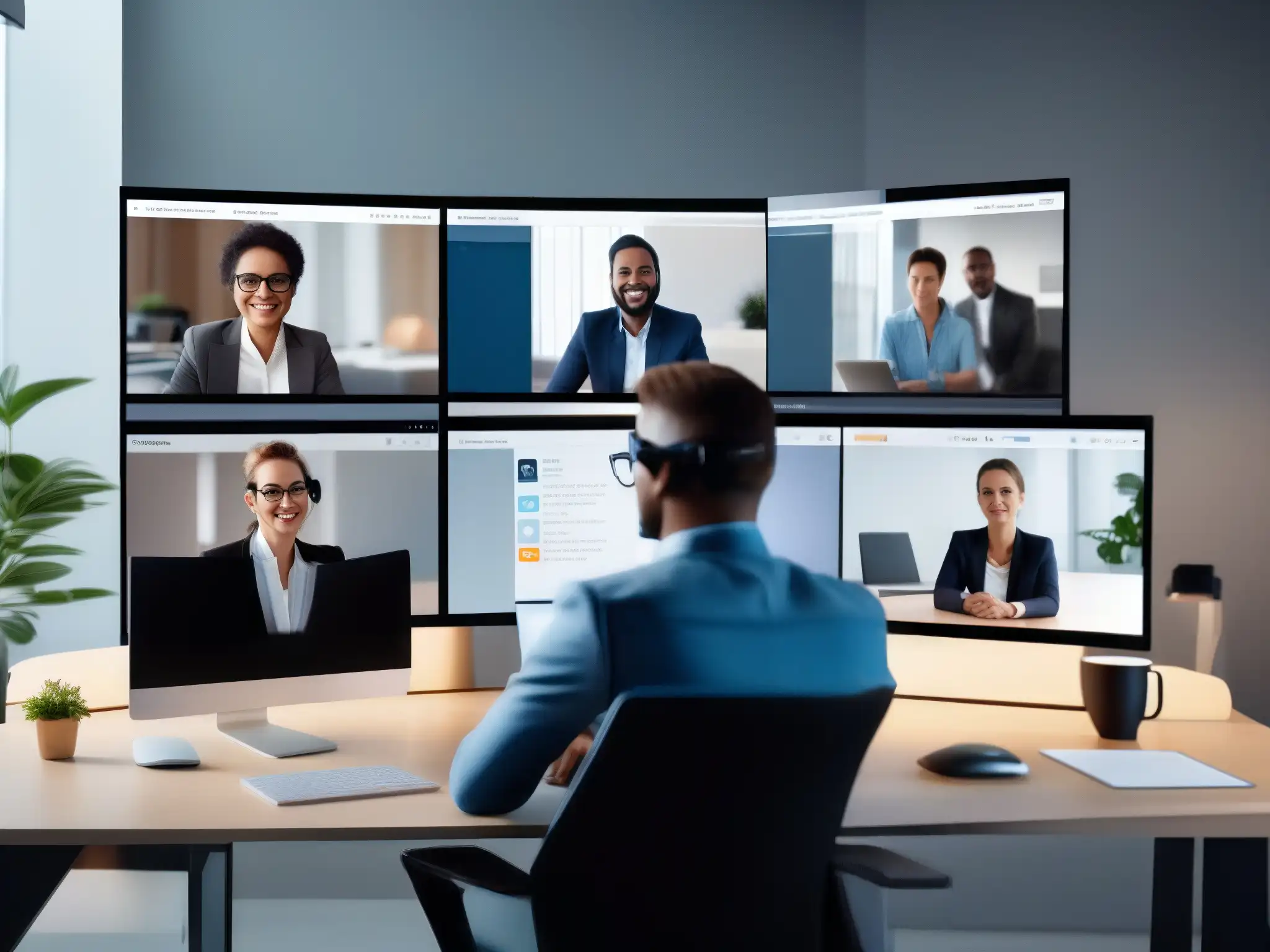 Videoconferencia de profesionales: eficiencia y colaboración Un equipo profesional utiliza herramientas de seguimiento en una videoconferencia, creando un ambiente de productividad y eficiencia
