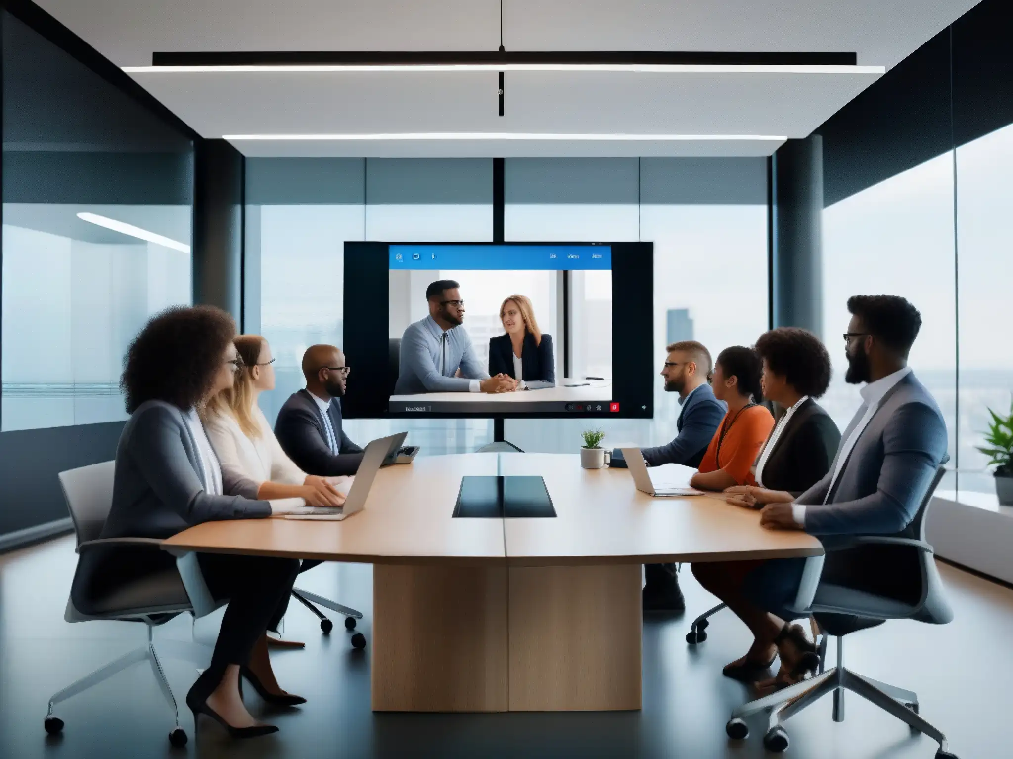 Colaboración profesional en videoconferencia con Microsoft Teams Un equipo profesional utiliza herramientas de videoconferencia para profesionales en una sala de reuniones moderna y luminosa