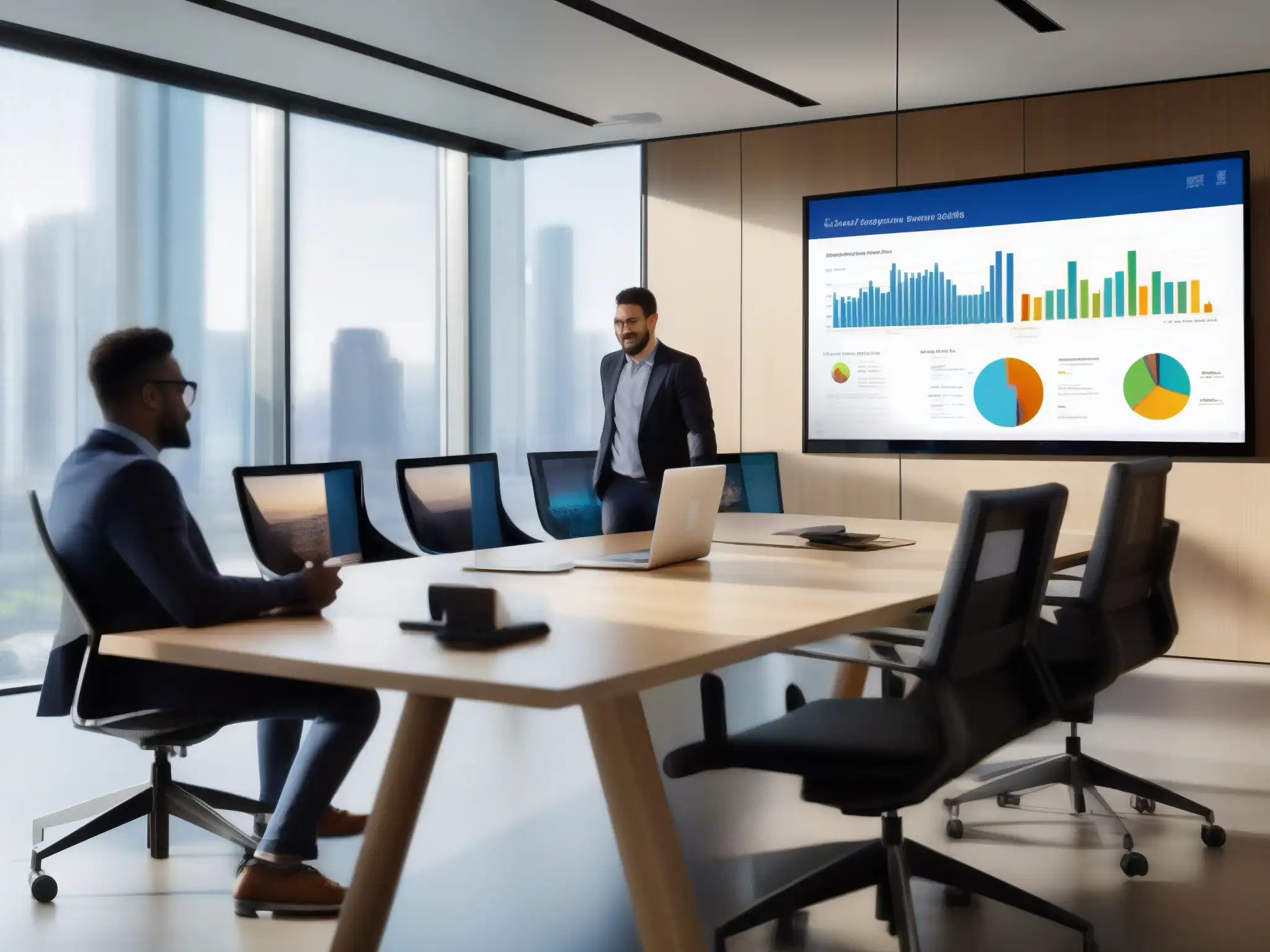 Equipo profesional colaborando con Microsoft Teams y Dynamics 365 en una oficina moderna Un equipo profesional colabora en una oficina moderna, utilizando Microsoft Teams y Dynamics 365