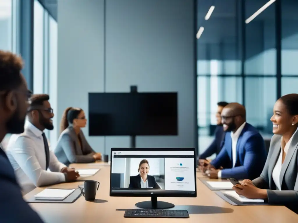 Videoconferencia de alta calidad en oficina moderna Un equipo profesional en una oficina moderna, participando en una videoconferencia de alta calidad