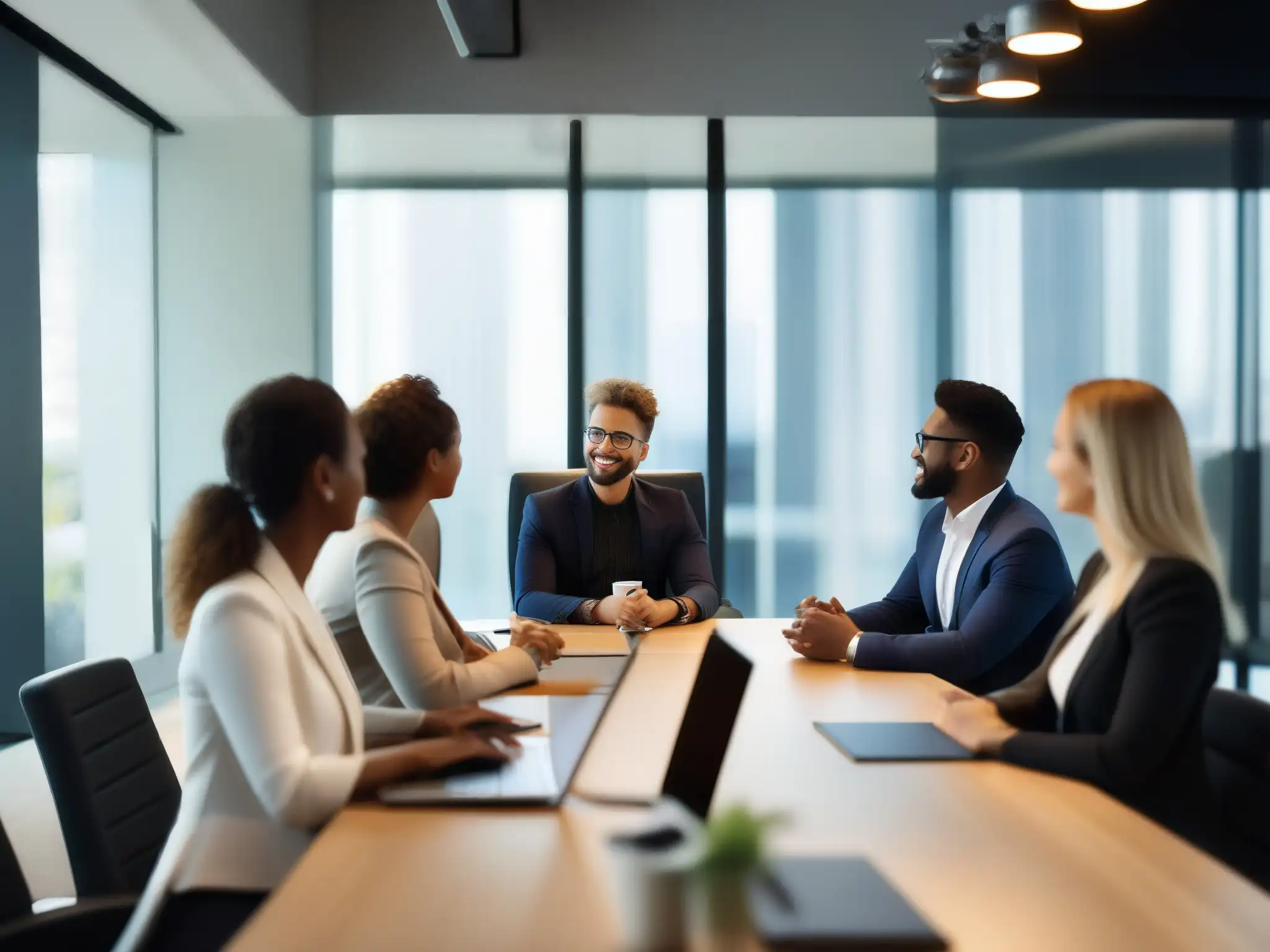 Profesionales en videoconferencia: Integración de GoToMeeting en CRM Equipo profesional en una oficina moderna con integración de GoToMeeting en el sistema CRM