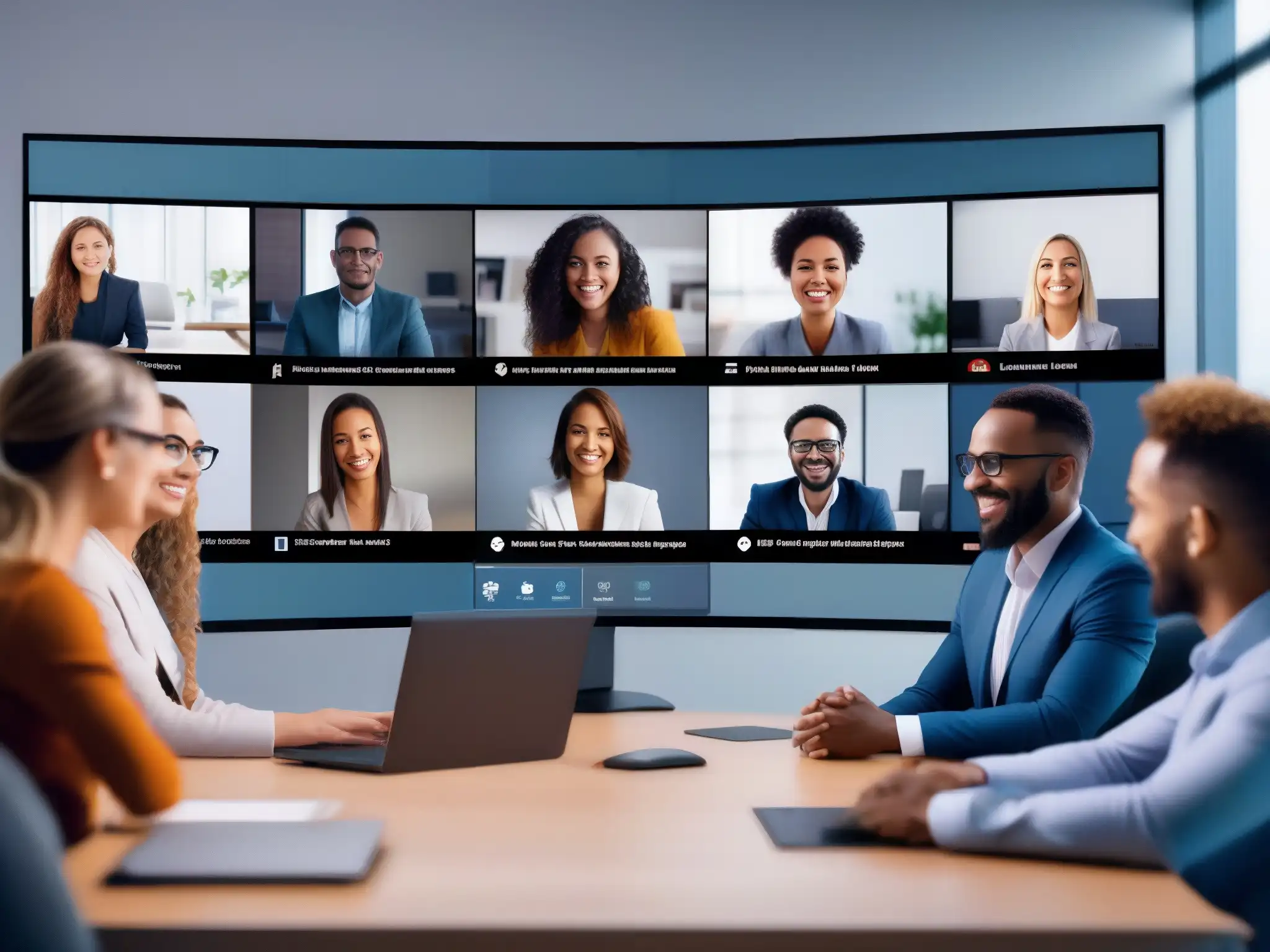 Reunión virtual de profesionales: alta calidad, conexión impactante Equipo profesional en reunión online con la mejor herramienta videoconferencia entrevistas online, mostrando expresiones y entorno colaborativo