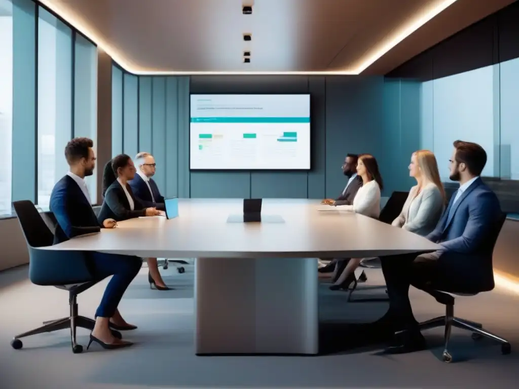 Sala de reuniones virtual moderna y profesional con equipo enfocado Equipo profesional en una sala virtual moderna, mejora productividad