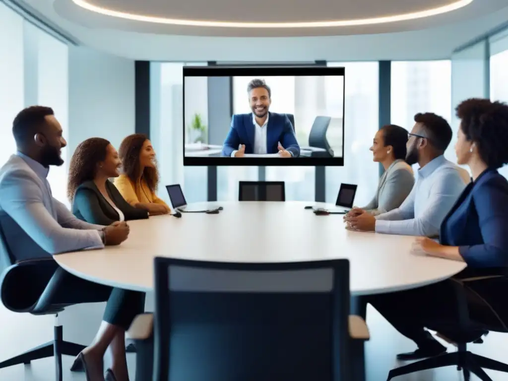 Videoconferencia profesional y colaborativa en ambiente moderno Equipo profesional en videoconferencia, ambiente colaborativo y moderno para estrategias de manejo de conflictos en videoconferencias