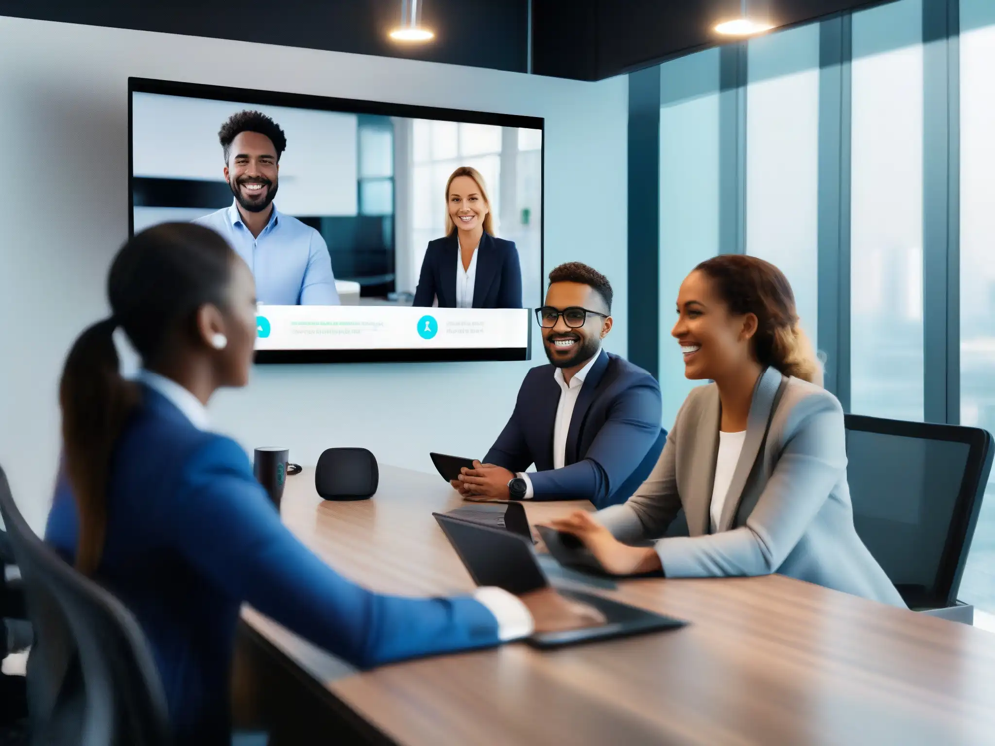 Reunión virtual con IA: equipo profesional en sala futurista Equipo profesional en videoconferencia productiva con IA en sala futurista y tecnología avanzada