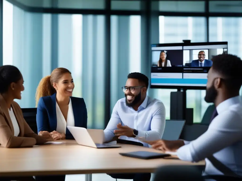 Videoconferencia dinámica con gamificación Equipo profesional participando en videoconferencia, integrando gamificación para aumentar productividad y motivación