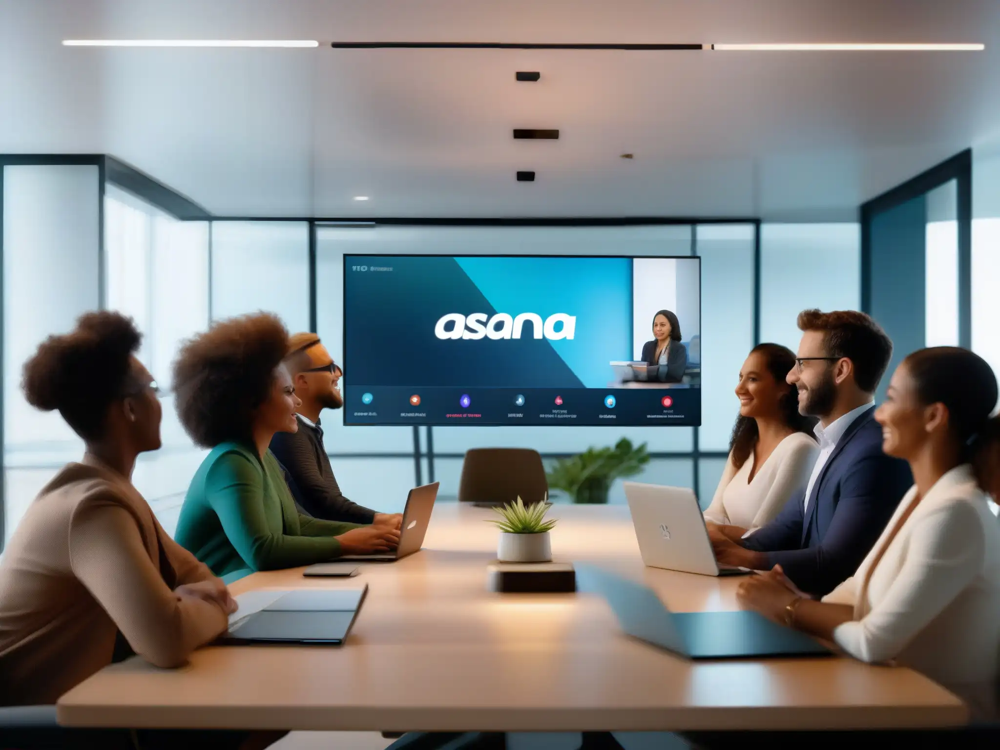Reunión virtual productiva en Asana: equipo profesional en acción Equipo profesional en videoconferencia con Asana, mostrando colaboración y gestión de proyectos