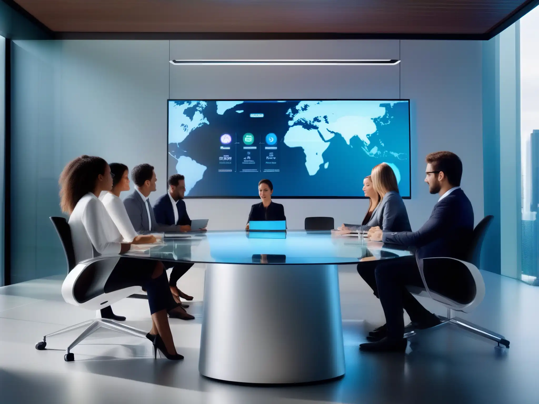 Profesionales personalizan videoconferencia en mesa futurista Un equipo de profesionales personaliza sus ajustes de videoconferencia en una mesa futurista