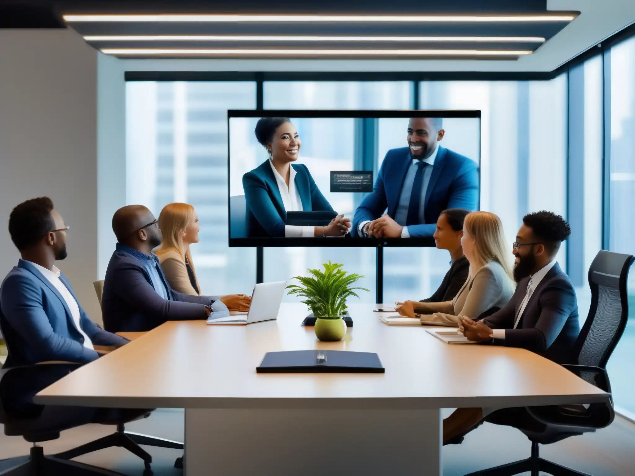 Profesionales colaborando con Amazon Chime Un equipo de profesionales diversos en una oficina moderna, discuten y colaboran usando las funciones avanzadas de Amazon Chime para PYMES