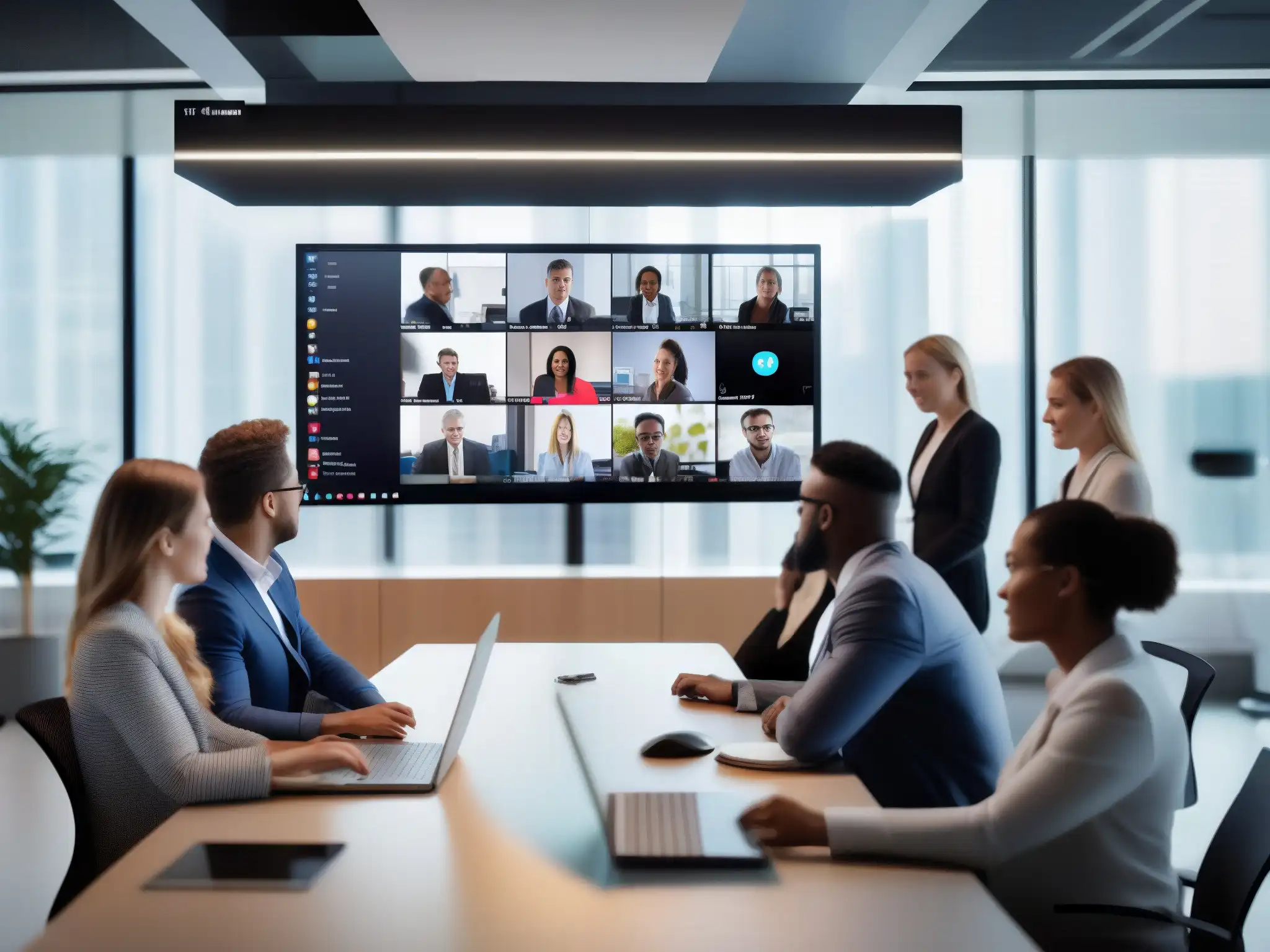 Profesionales colaborando en documento con videoconferencia Un equipo de profesionales colabora en la edición de un documento a través de una herramienta de videoconferencia, mostrando eficacia y concentración