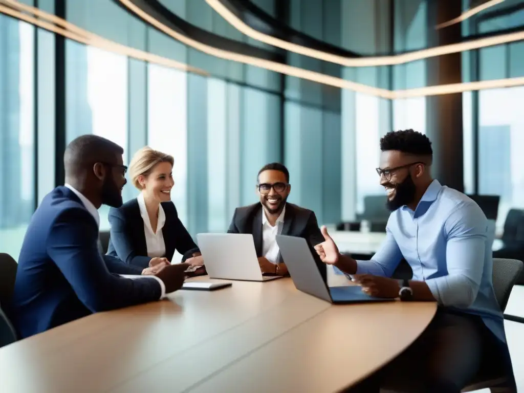 Equipo de profesionales colaborando en una reunión de trabajo Un equipo de profesionales colaborando con entusiasmo en una sala moderna, utilizando herramientas de comunicación online