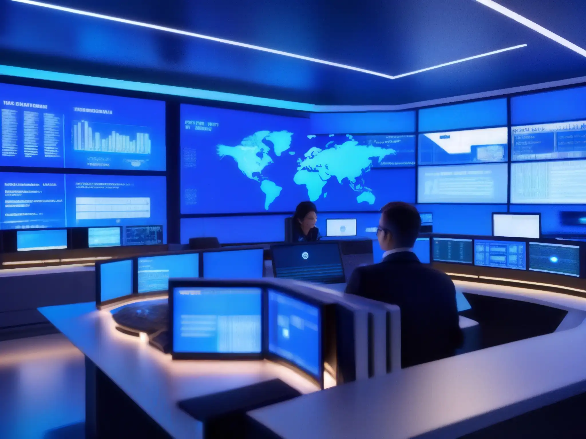 Centro de Monitoreo de Seguridad Futurista con Equipo Profesional Un equipo de profesionales en una estación de monitoreo de alta tecnología, con monitores mostrando datos en tiempo real