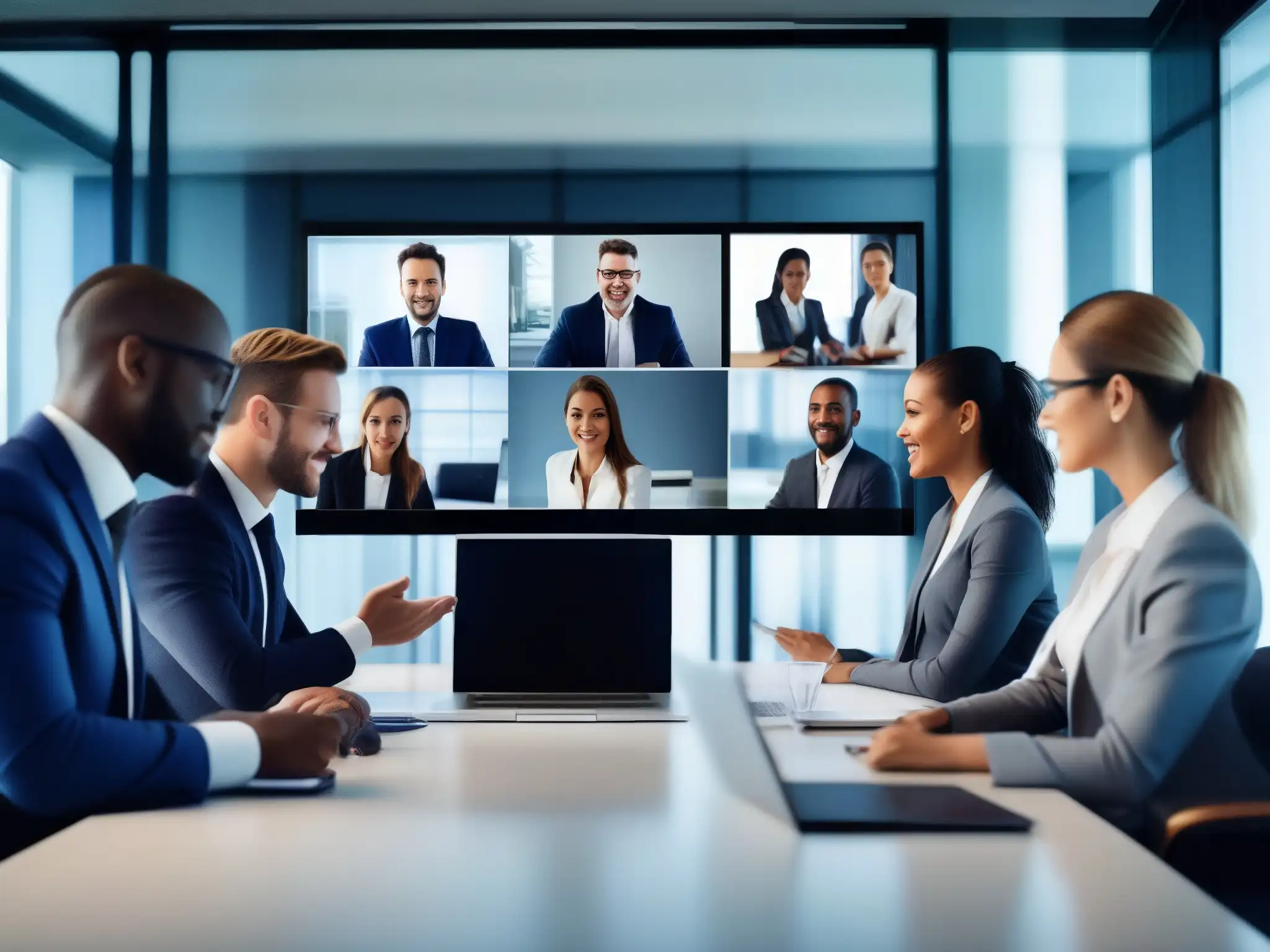 Reunión virtual de profesionales en moderna oficina Equipo de profesionales en una exitosa videoconferencia empresarial, con moderna tecnología y ambiente colaborativo