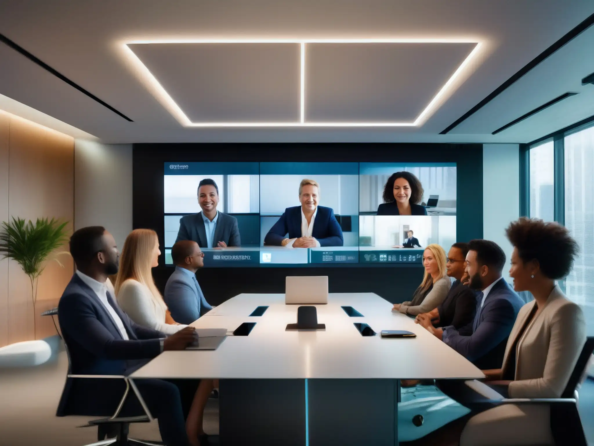 Conferencia dinámica con Chime: Colaboración profesional Un equipo de profesionales se reúne en una oficina moderna, con una pantalla de videoconferencias profesionales Chime Amazon en el fondo