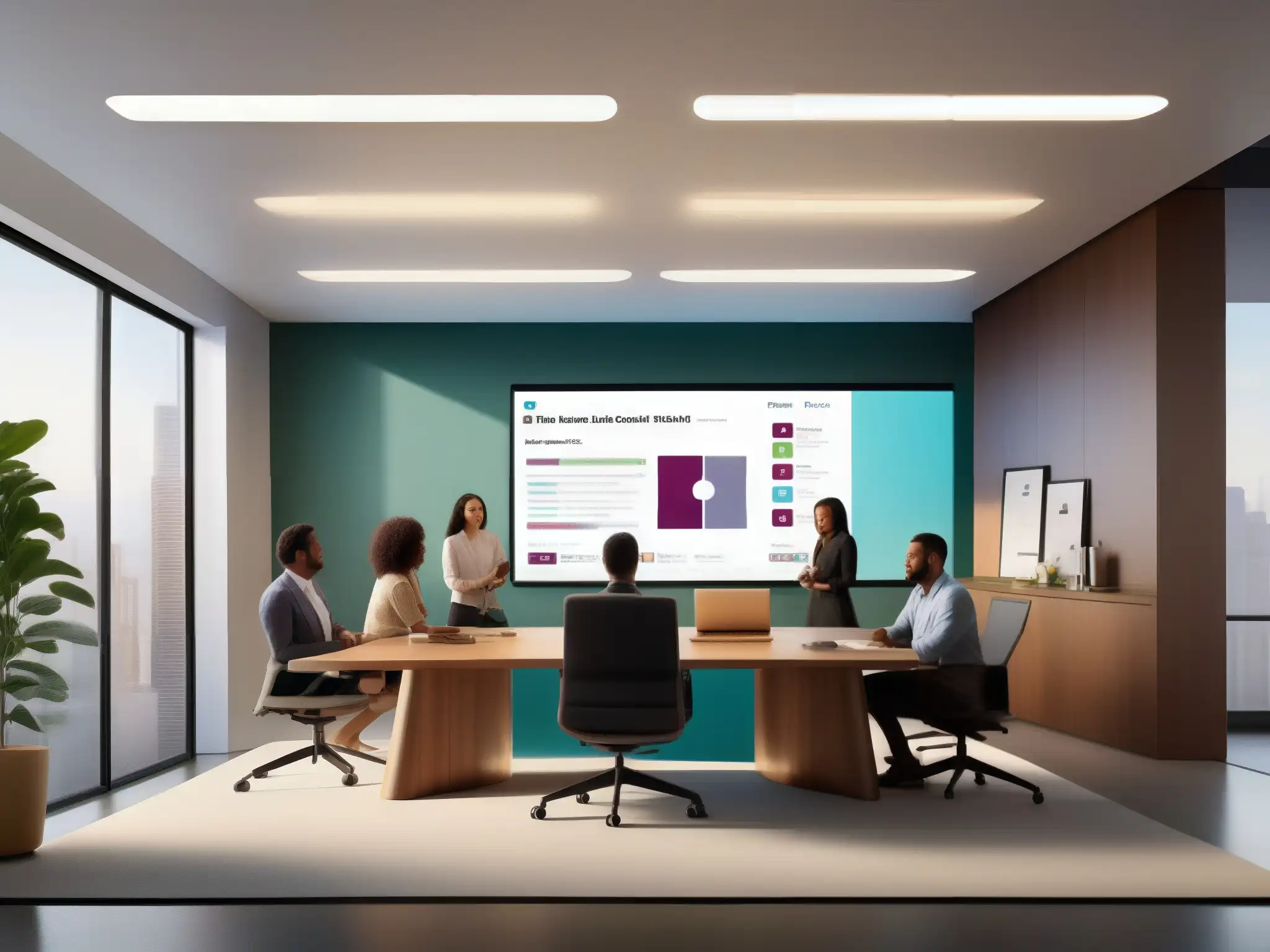 Oficina moderna con videoconferencia en Slack Un equipo de profesionales en una oficina moderna tienen una videoconferencia utilizando Slack
