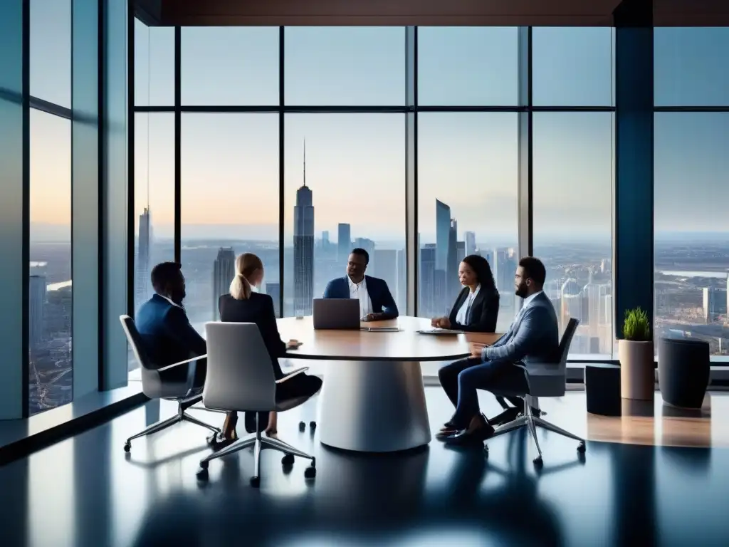 Reunión de negocios innovadora con tecnología de vanguardia Equipo de profesionales en una oficina moderna con vista a la ciudad, discutiendo sobre Integración Zoho Meeting CRM PYMES