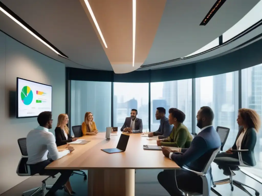 Profesionales en videoconferencia: Eficiencia en la colaboración Un equipo de profesionales en una oficina moderna, participando en una videoconferencia con integración de Slack