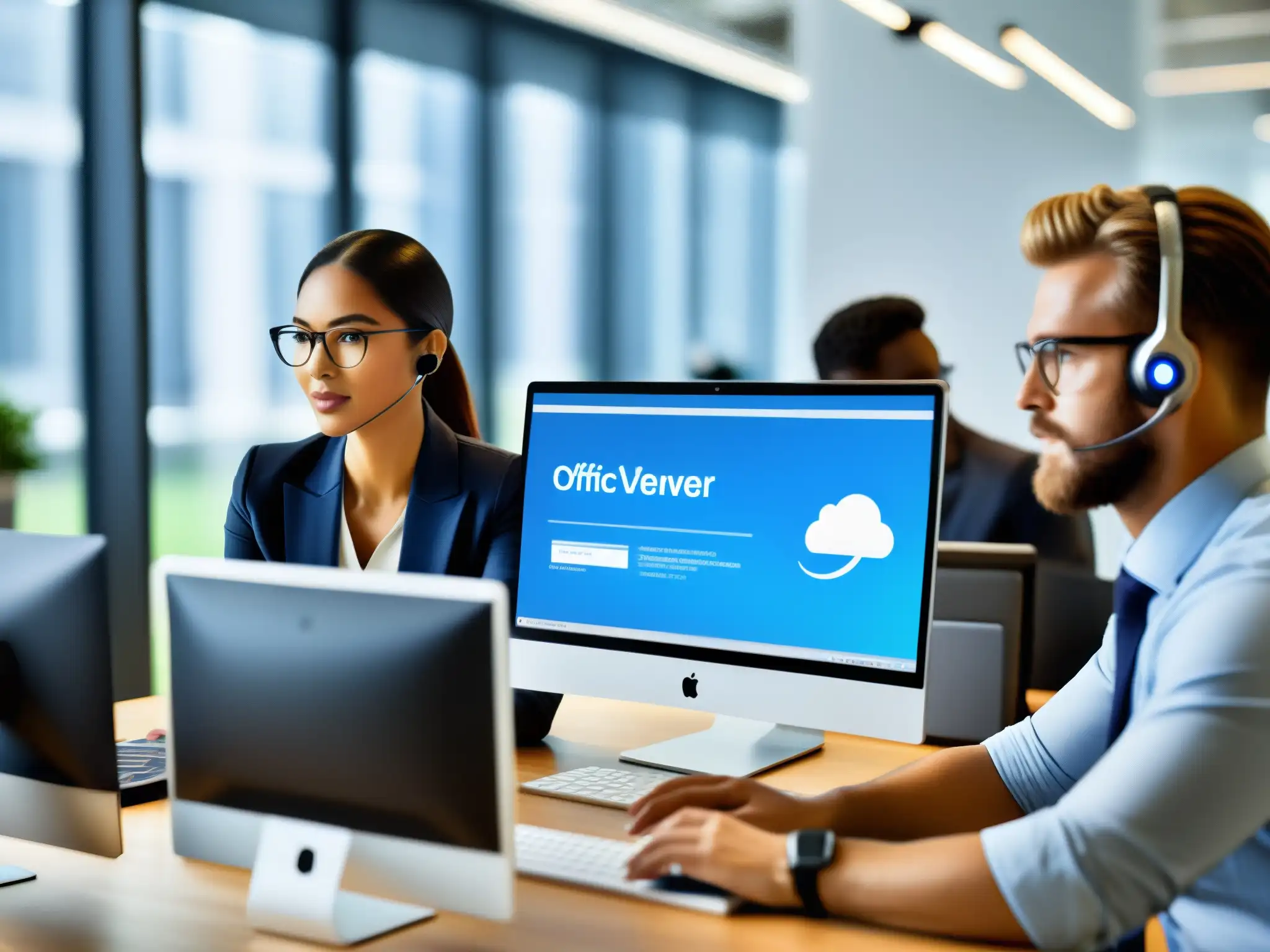 Equipo profesional usando TeamViewer para soporte remoto en oficina moderna Un equipo de profesionales colabora en una oficina moderna usando TeamViewer para soporte remoto, mostrando su interfaz detallada y amigable