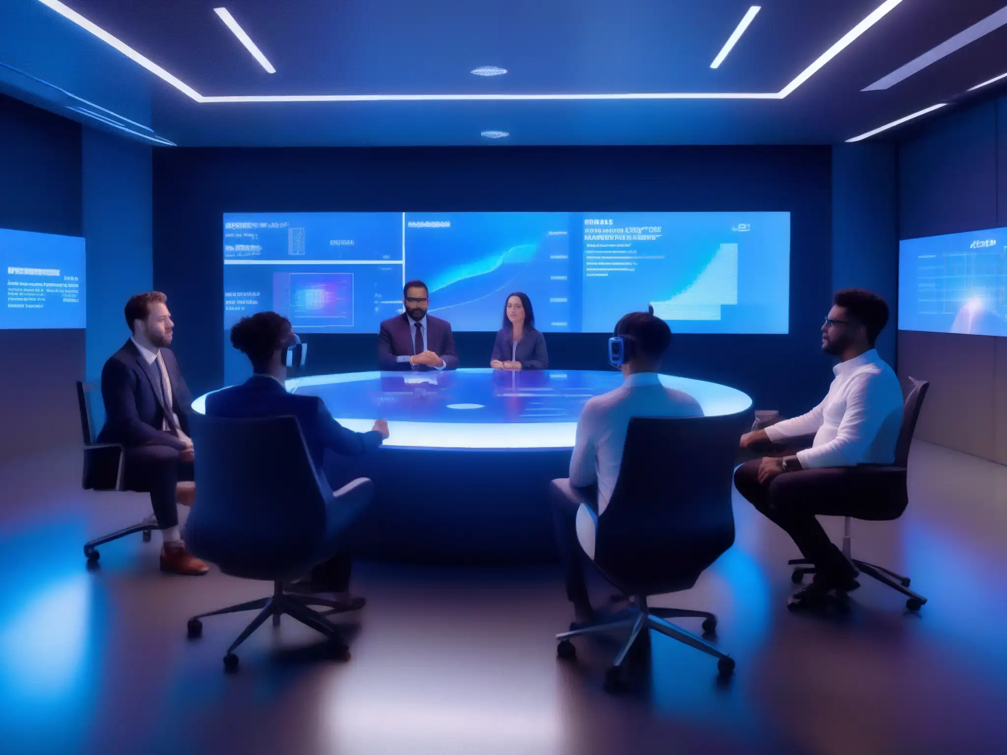 Conferencia de Realidad Aumentada: Colaboración Tecnológica Un equipo de profesionales utiliza realidad aumentada en una sala de conferencias futurista