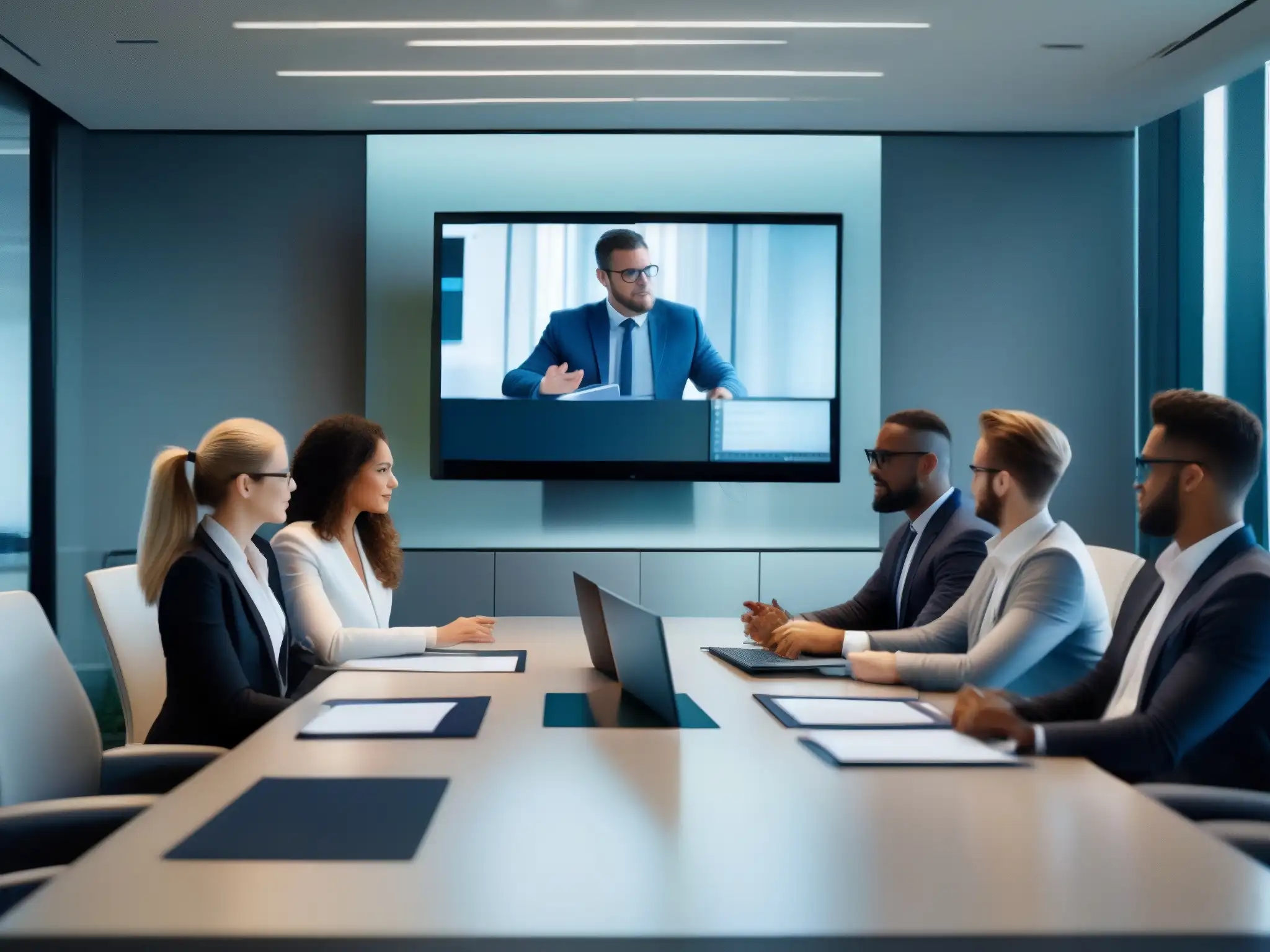 Equipo de profesionales en videoconferencia sobre protección de datos Equipo de profesionales en reunión virtual, revisando documento legal sobre protección de datos