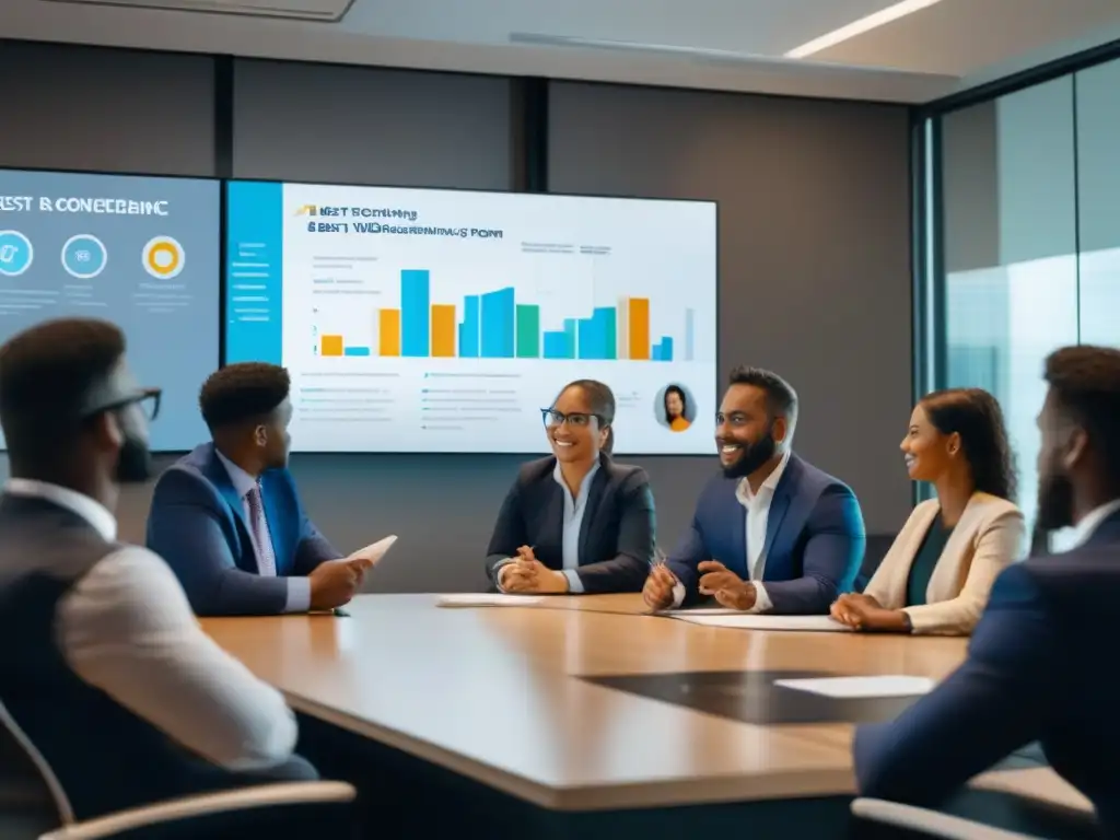 Expertos en videoconferencias: aprendizaje en acción Un equipo de profesionales en una sala de conferencias iluminada, analizando una infografía sobre las mejores prácticas para videoconferencias