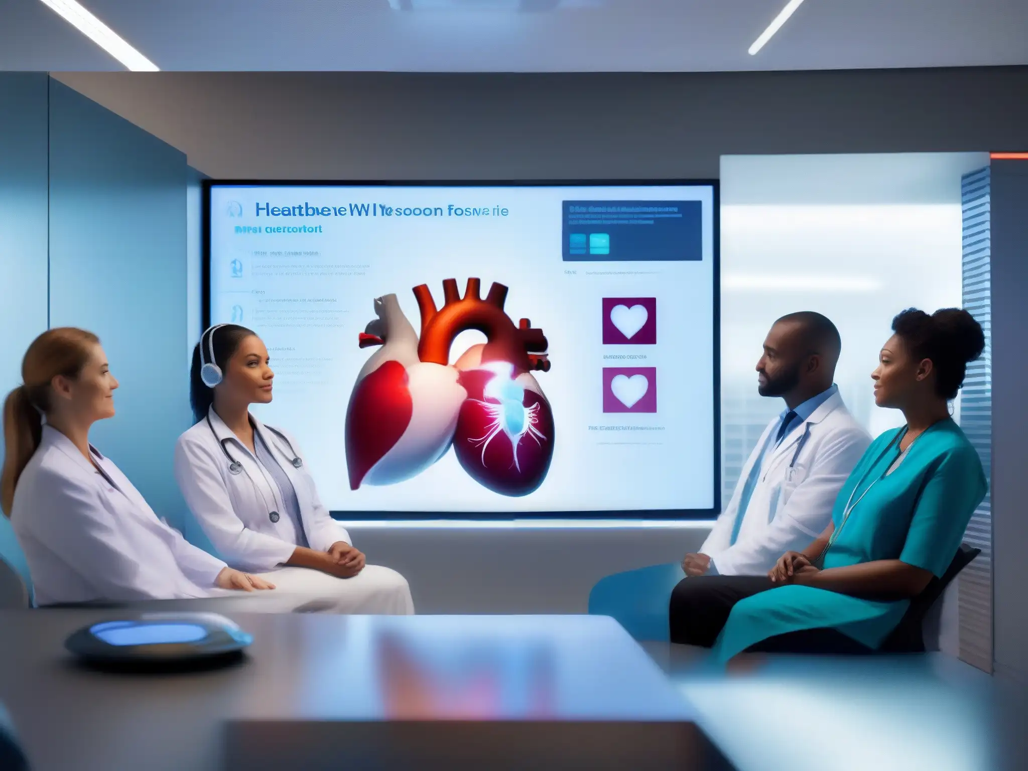 Consultas médicas virtuales con tecnología Vidyo: innovación y precisión Un equipo de profesionales de la salud utiliza la tecnología Vidyo en una sala de telemedicina moderna