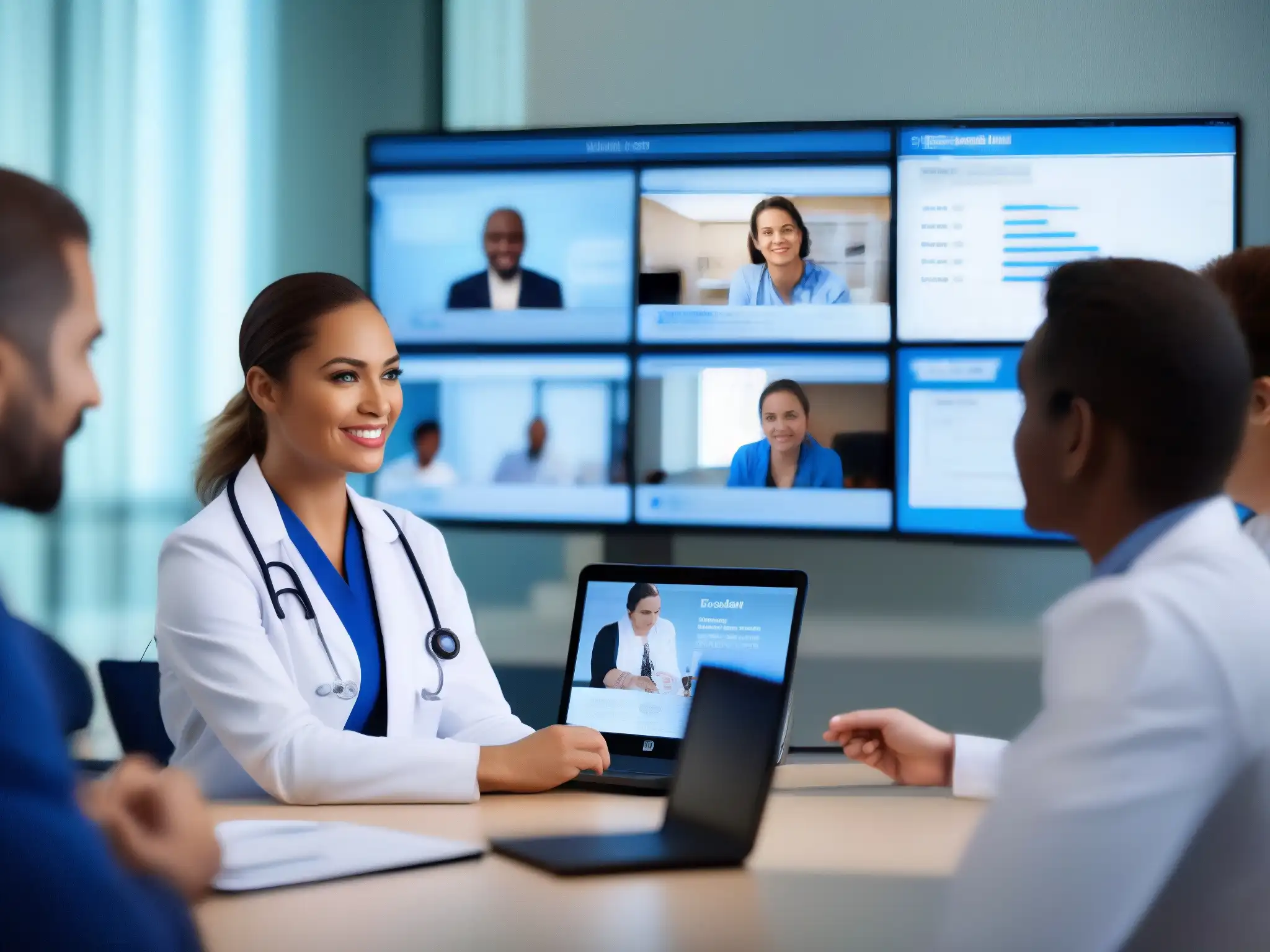 Videoconferencia médica en hospital moderno Un equipo de profesionales de la salud optimiza tiempos en videoconferencia en un hospital moderno