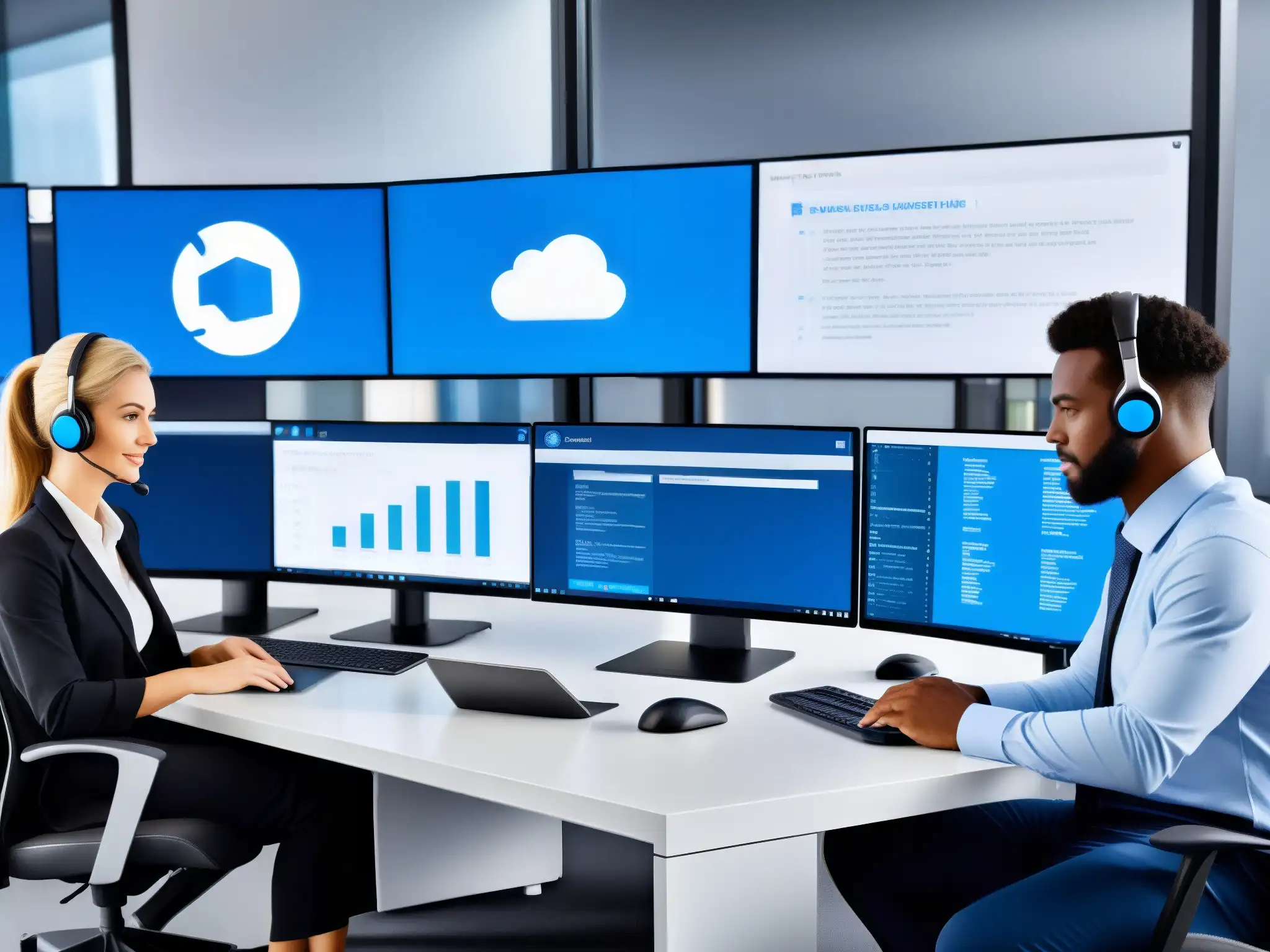 Equipo profesional brindando soporte remoto con TeamViewer Equipo de profesionales usa TeamViewer para soporte remoto a PYMES, mostrando colaboración, profesionalismo y tecnología avanzada