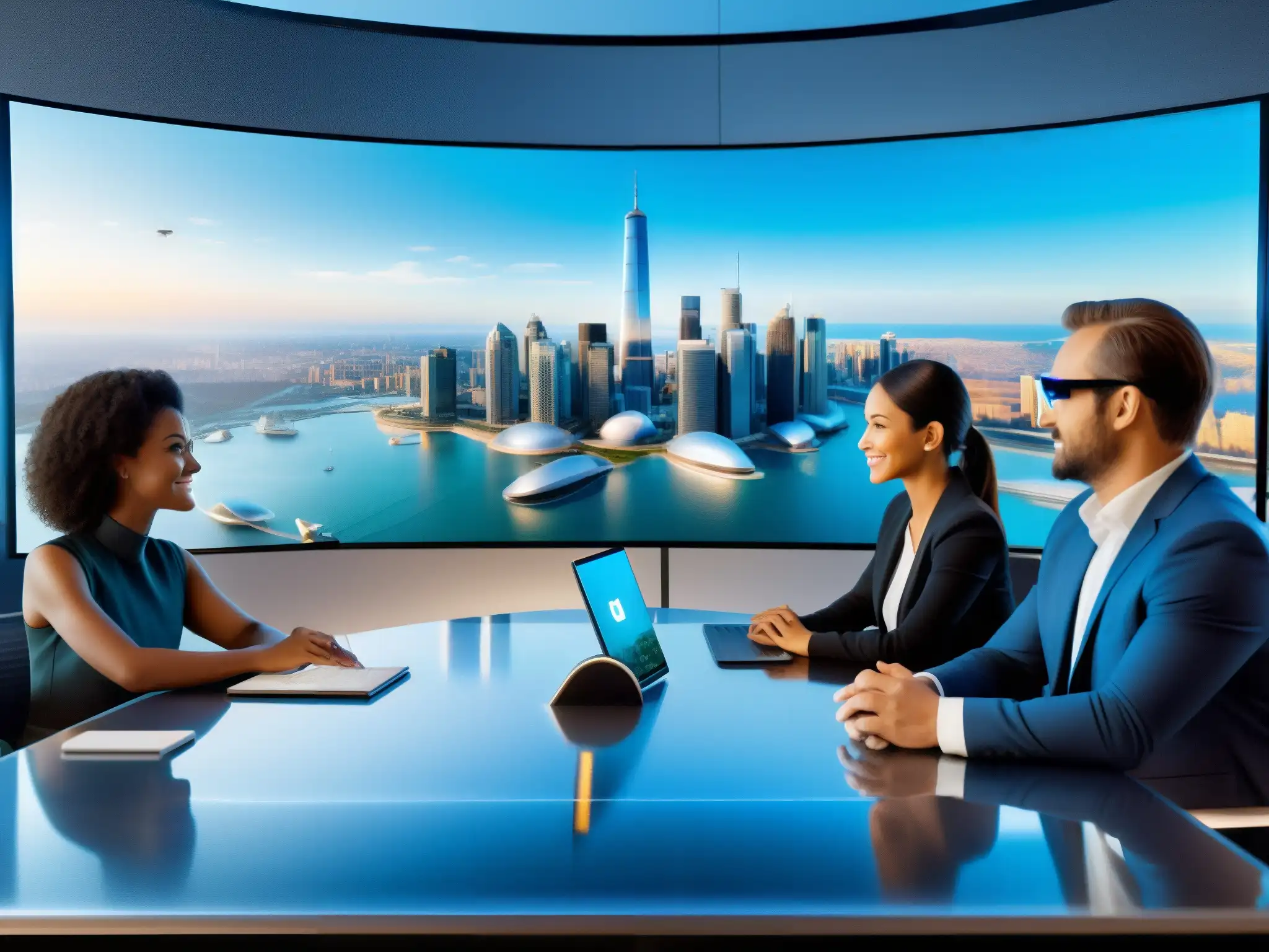 Reunión virtual 5G: colaboración profesional en alta definición Un equipo de profesionales en una videoconferencia de alta calidad, aprovechando el impacto del 5G para una comunicación y colaboración eficientes