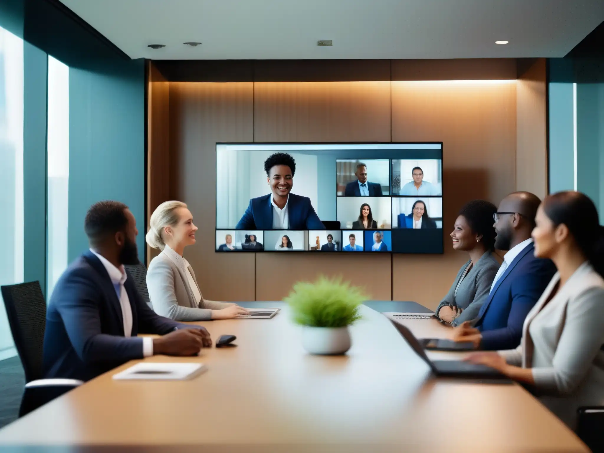 Videoconferencia profesional en sala moderna Un equipo de profesionales participa en una videoconferencia de alta calidad, con una atmósfera de eficiencia y comunicación fluida