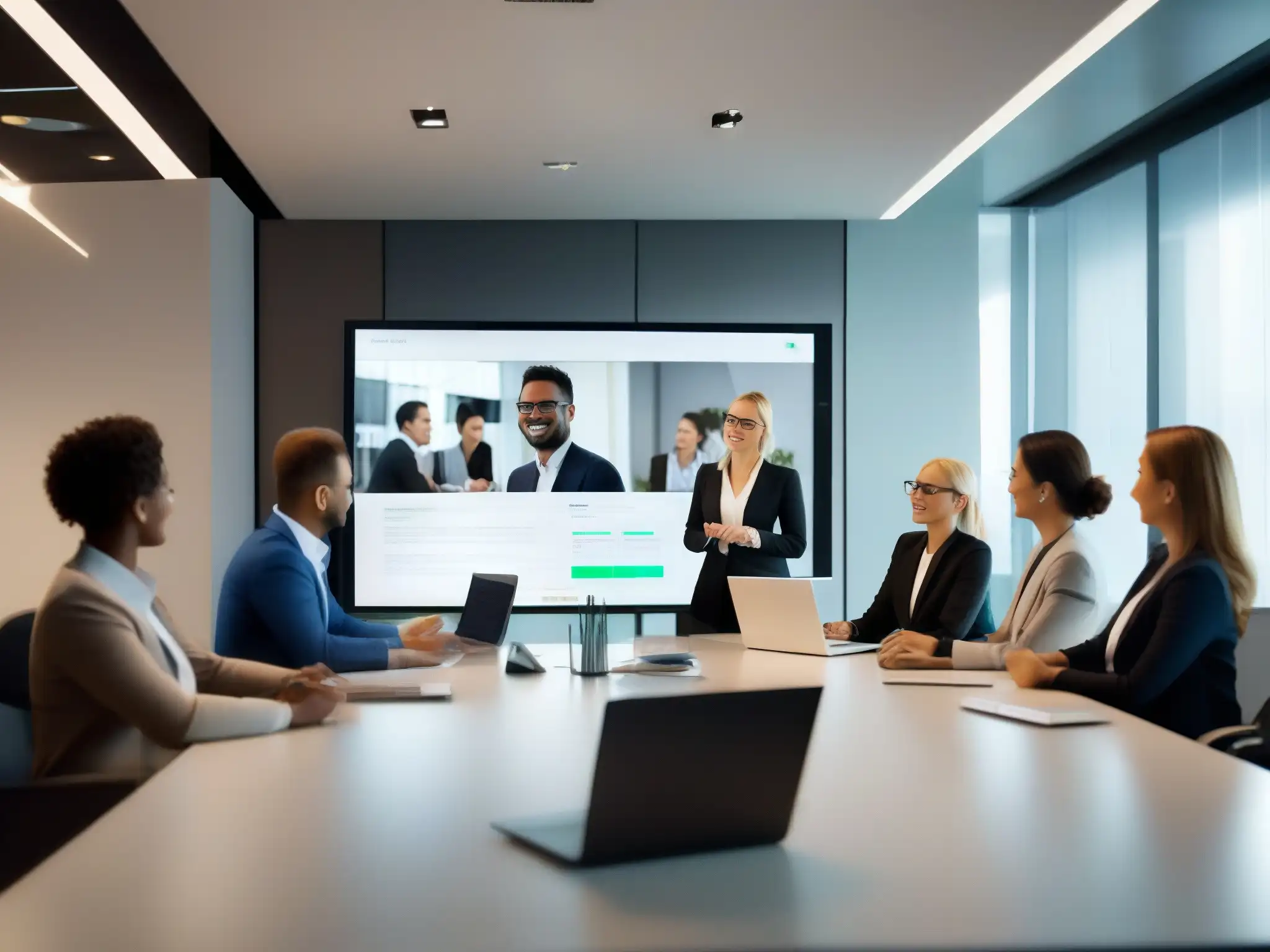 Videoconferencia profesional con ClickMeeting y CRM Un equipo de profesionales participa en una videoconferencia, integrando ClickMeeting y CRM para comunicarse con leads de forma eficaz