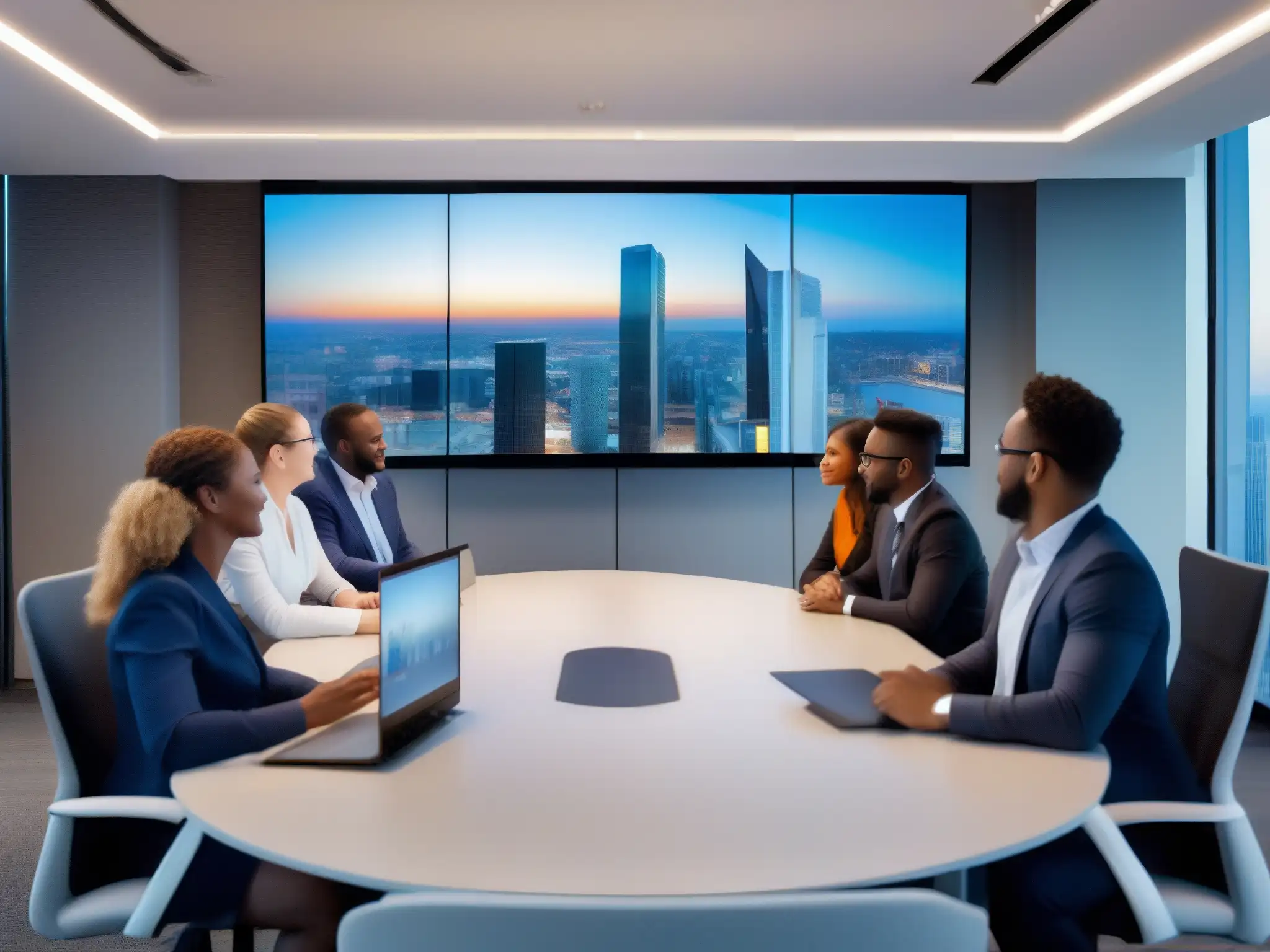 Reunión virtual de profesionales: colaboración productiva Un equipo de profesionales participa activamente en una videoconferencia, fomentando la colaboración y la productividad