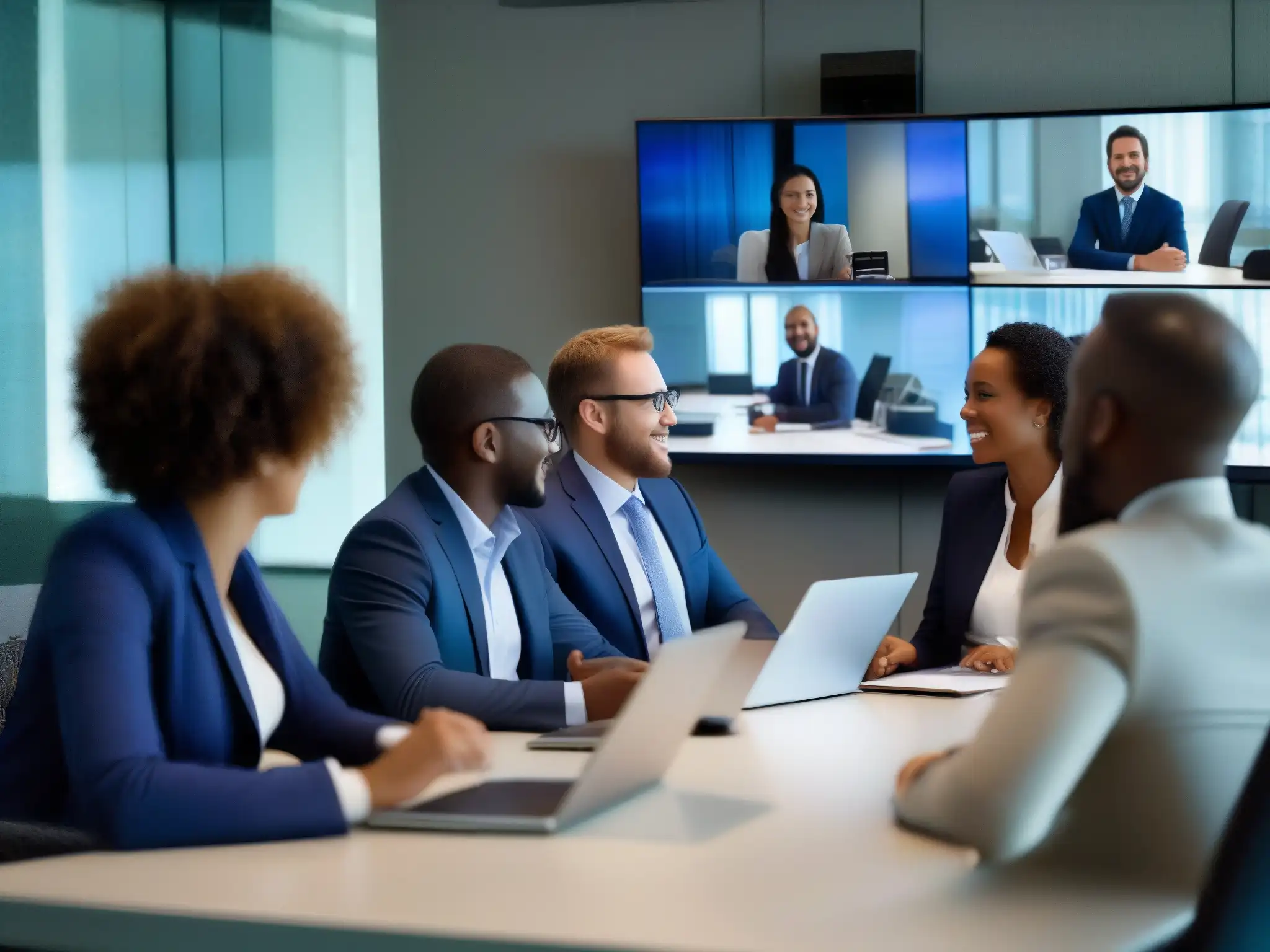 Reunión virtual de profesionales: colaboración dinámica Un equipo de profesionales participa activamente en una videoconferencia para desarrollo profesional en una sala moderna y luminosa