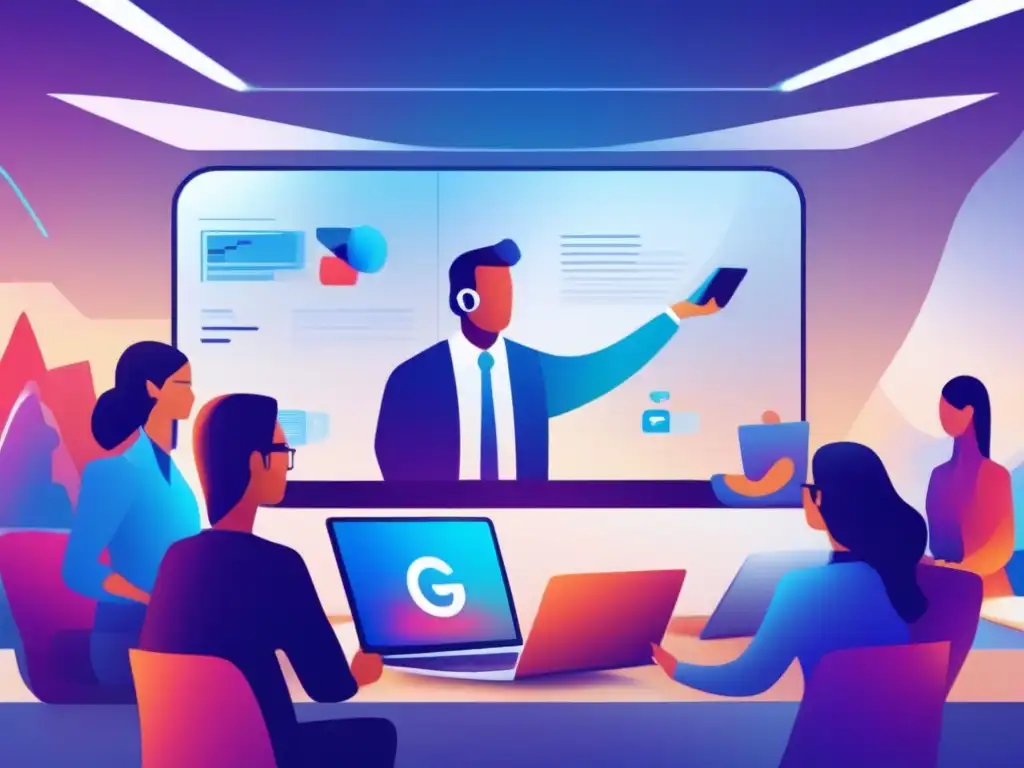 Videoconferencia 5G: Colaboración Profesional en Oficina Futurista Un equipo de profesionales colaborando en una videoconferencia con dispositivos diversos, en un espacio de oficina moderno y futurista