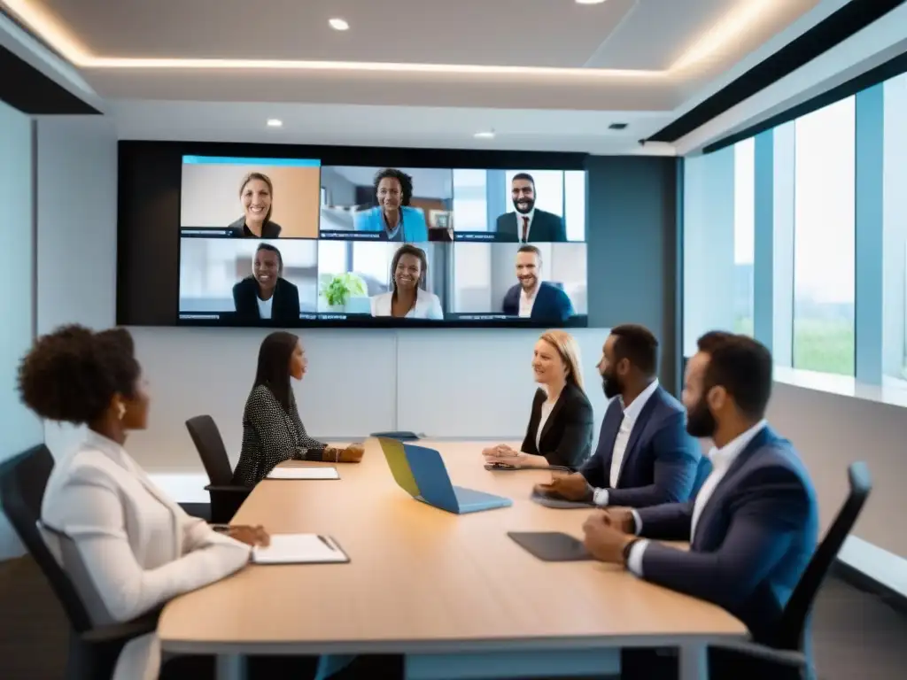 Reunión de Videoconferencia Profesional: Colaboración y Estrategia Un equipo de profesionales participa activamente en una videoconferencia, mostrando eficiencia y colaboración en un entorno moderno y bien iluminado