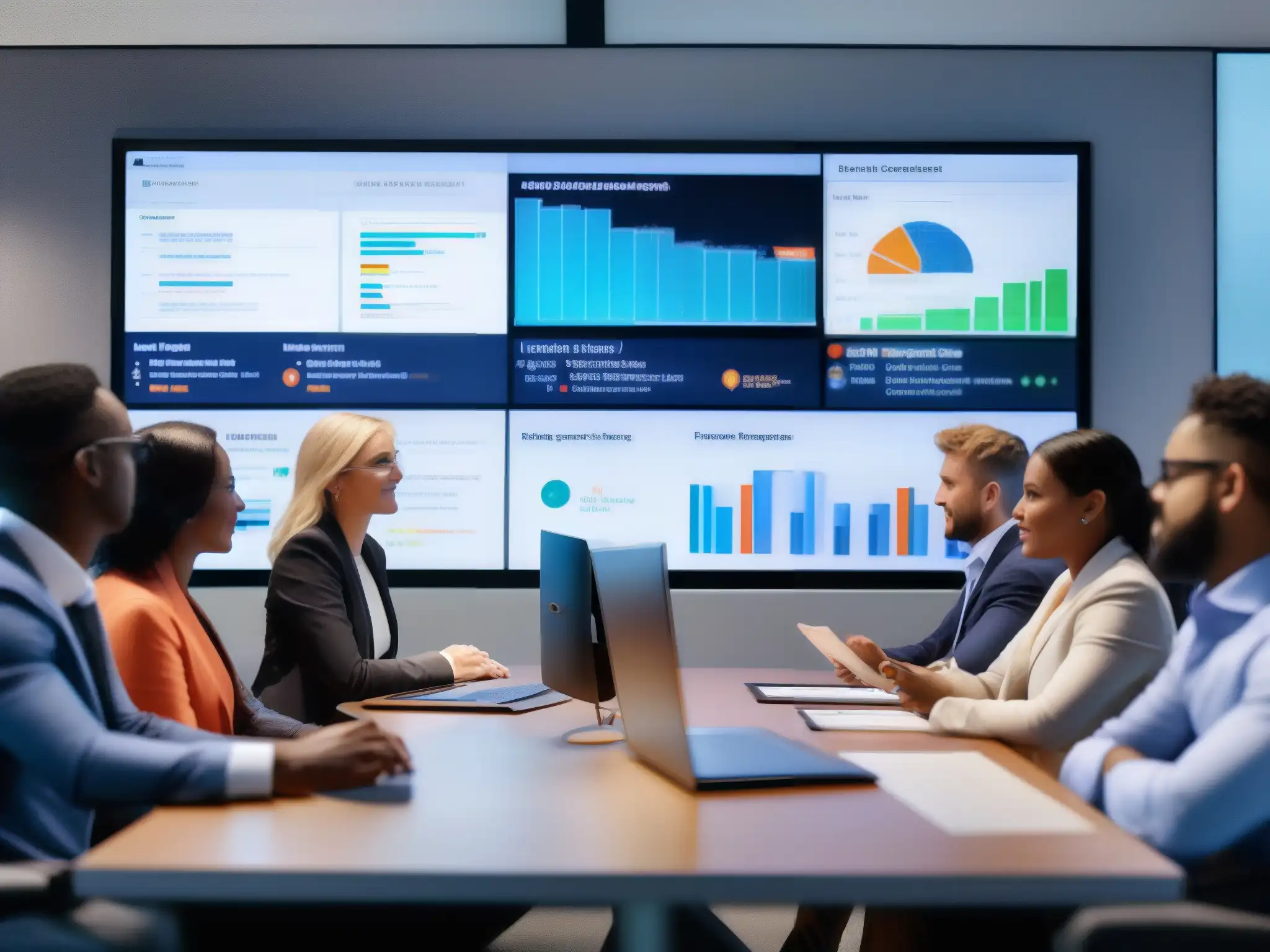 Reunión de equipo con panel de gestión de proyectos Equipo de profesionales en videoconferencia, enfocados en tareas individuales, con pantalla digital mostrando un dashboard de gestión de proyectos