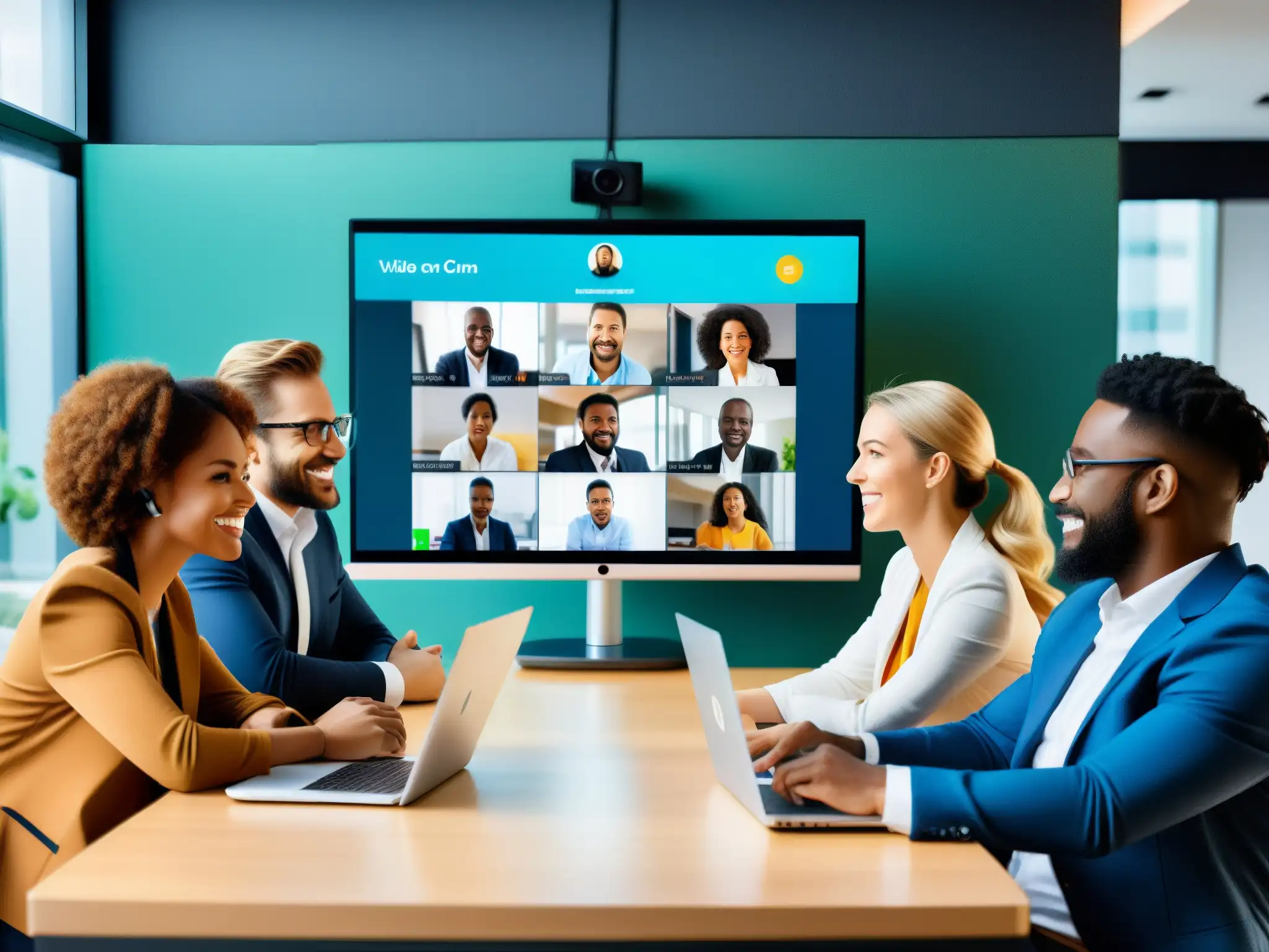 Reunión virtual gamificada: profesionales colaborativos Equipo de profesionales participa en una videoconferencia gamificada en una oficina moderna, aumentando la productividad y el espíritu colaborativo