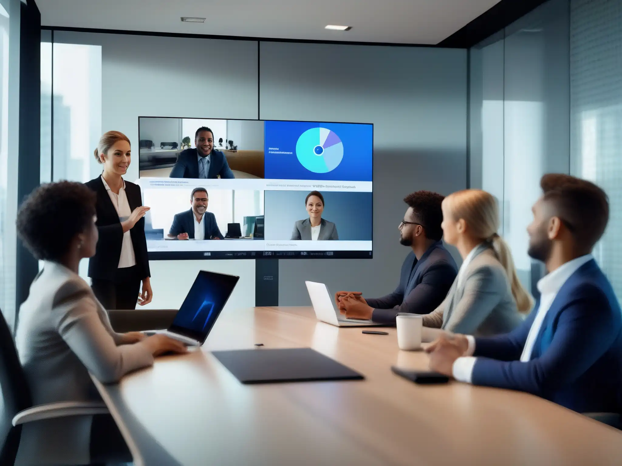 Reunión virtual: colaboración profesional y moderna Un equipo de profesionales en una videoconferencia, con herramientas de gestión de proyectos integradas