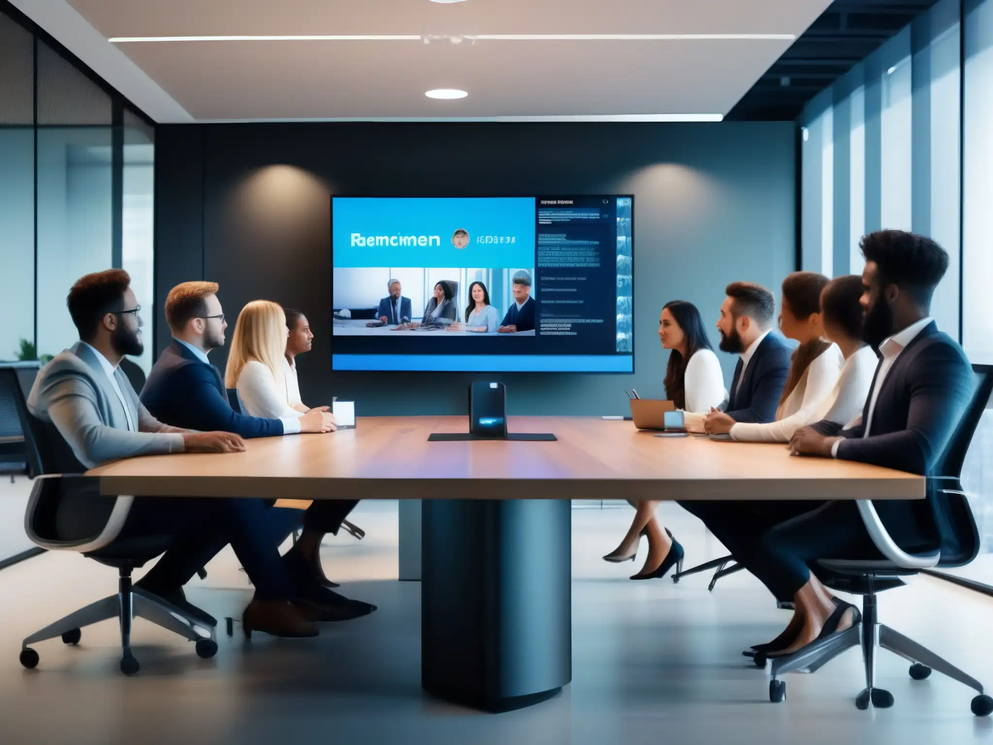 Conferencia virtual: Colaboración profesional Un equipo de profesionales se reúne en una videoconferencia, mostrando el impacto de la dinámica del equipo en un entorno profesional moderno
