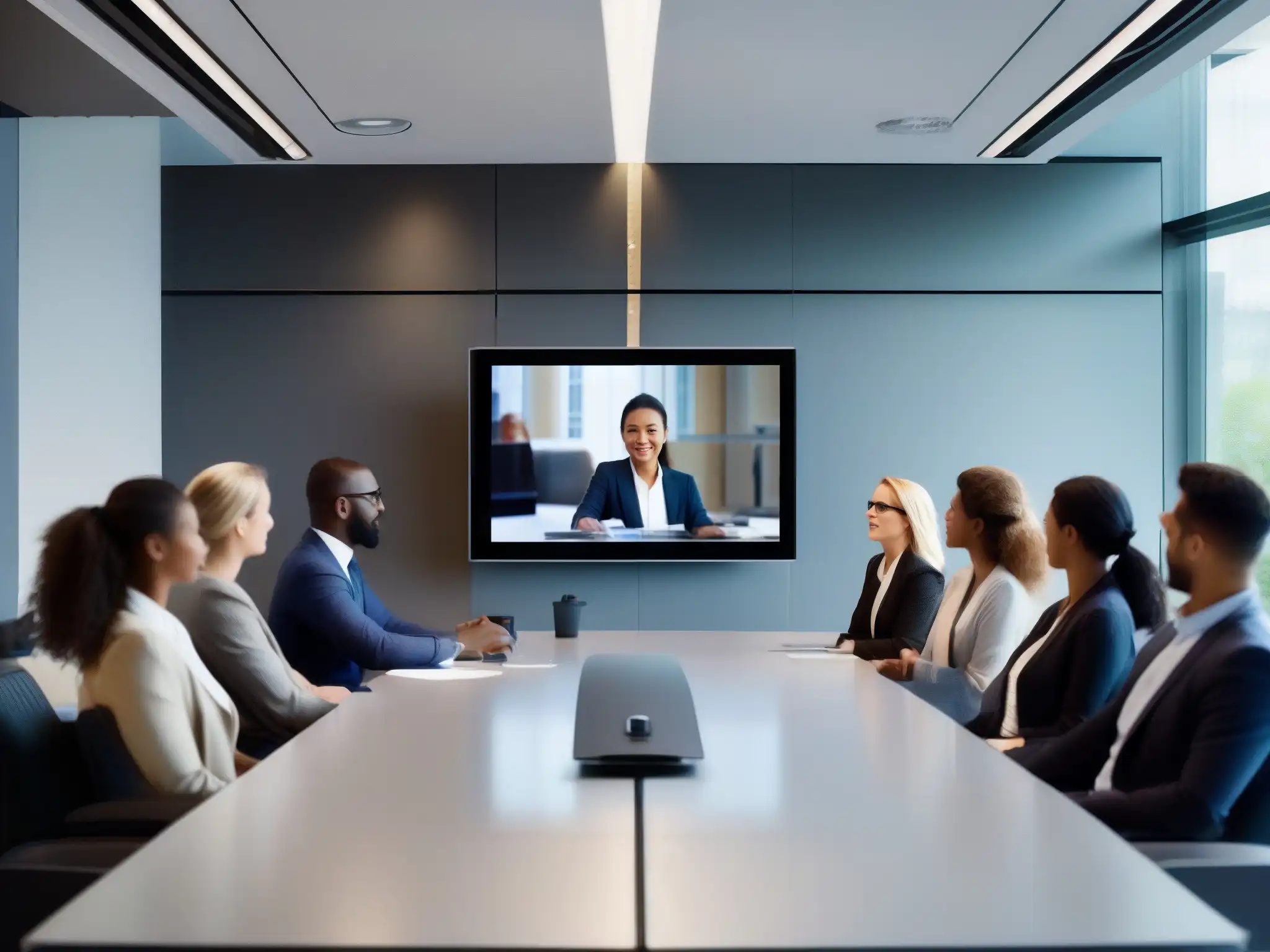 Reunión virtual de profesionales: enfoque y dinamismo Un equipo de profesionales participa en una videoconferencia en una sala moderna y luminosa, transmitiendo eficiencia y profesionalismo