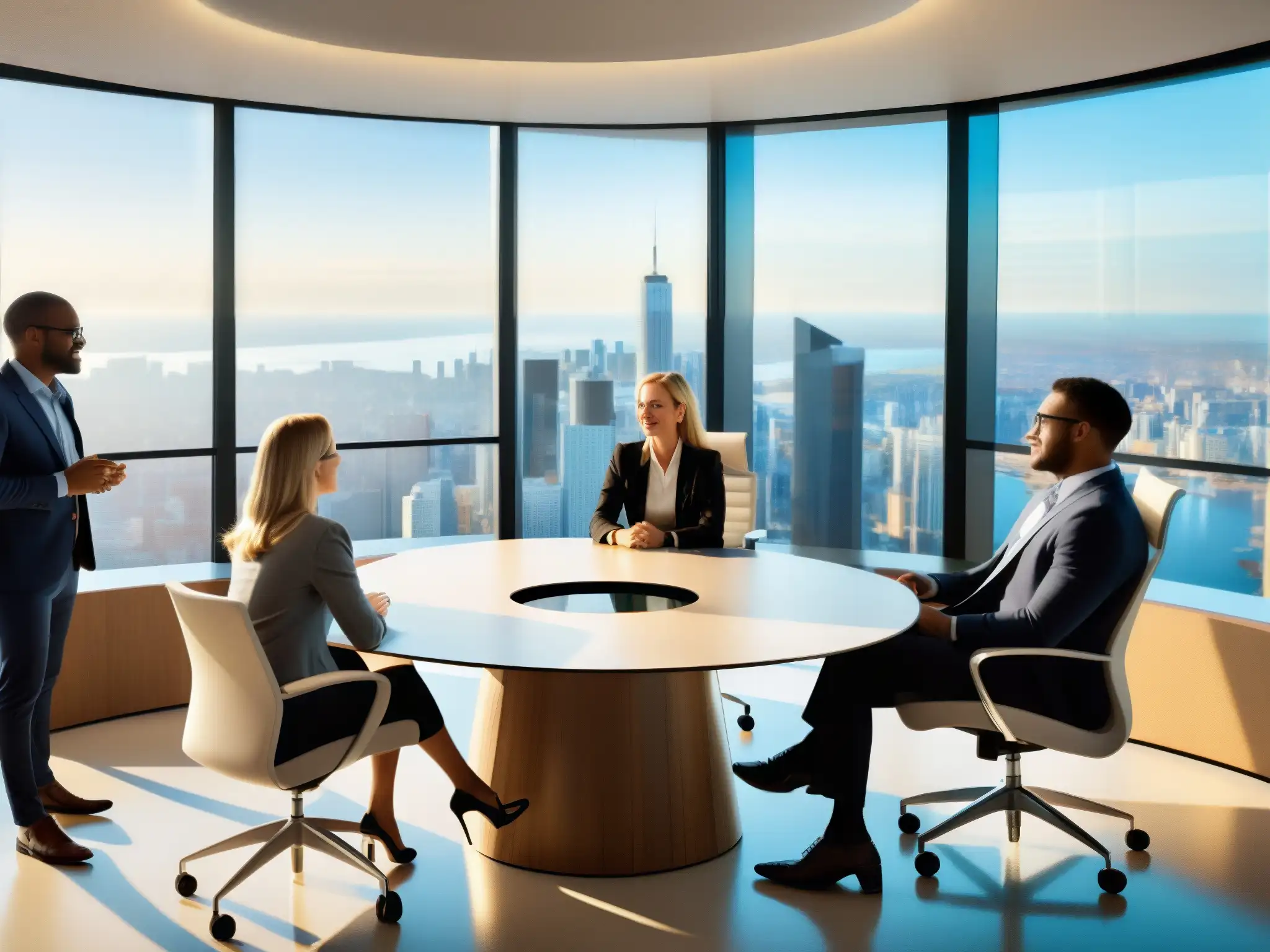 Reunión virtual de profesionales en moderna oficina con vista panorámica Un equipo de profesionales colabora en una videoconferencia con seguridad óptima