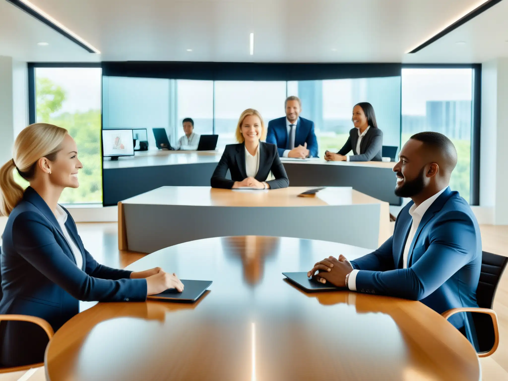 Videoconferencia profesional con tecnología moderna Un equipo de profesionales se reúne en una videoconferencia con tecnología AI para videoconferencias corporativas, en un entorno moderno y luminoso
