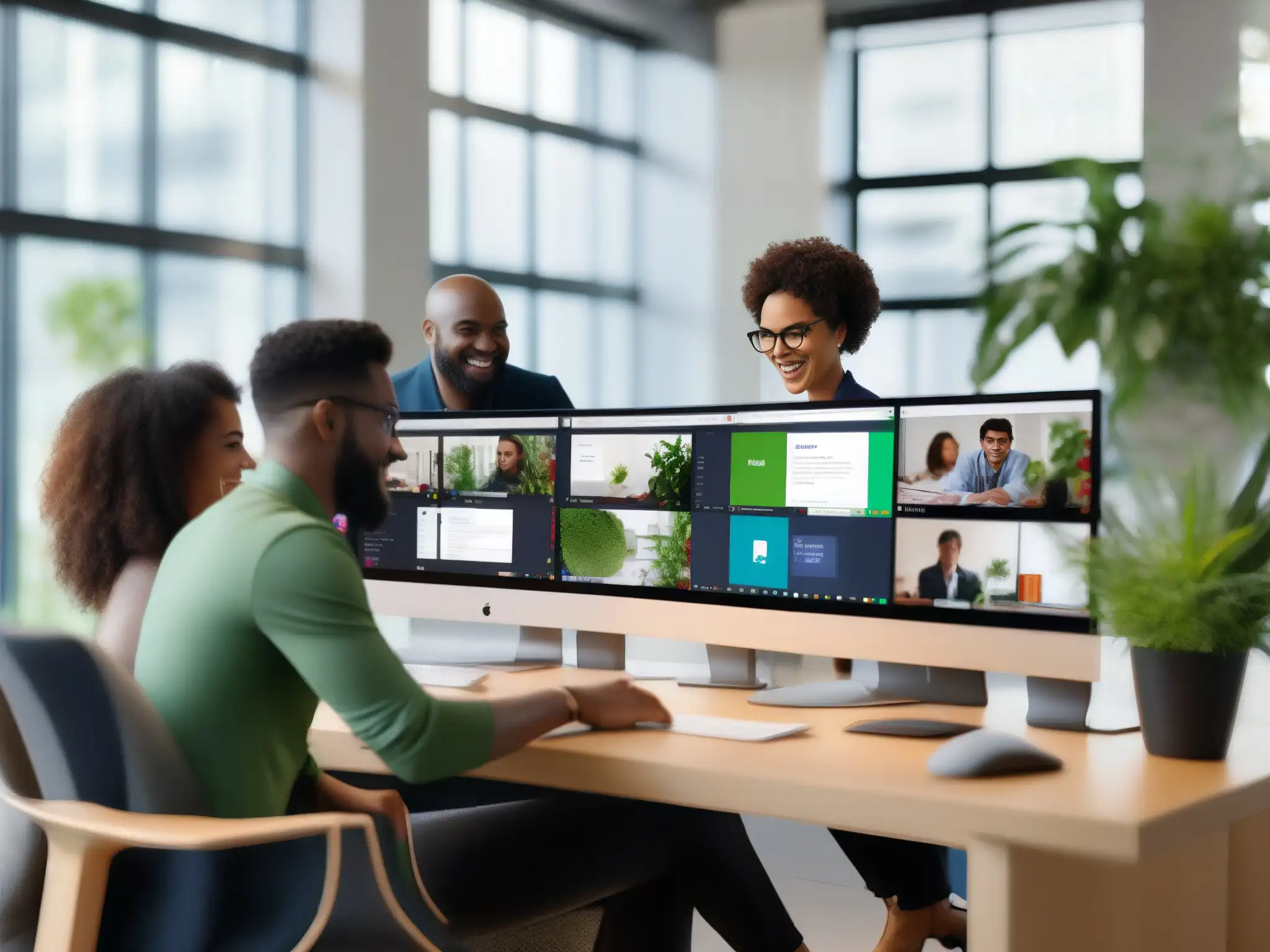 Colaboración eficiente en entorno de trabajo moderno Un equipo colaborando en proyecto con herramientas de videoconferencia comparativas, en un espacio de oficina moderno y acogedor
